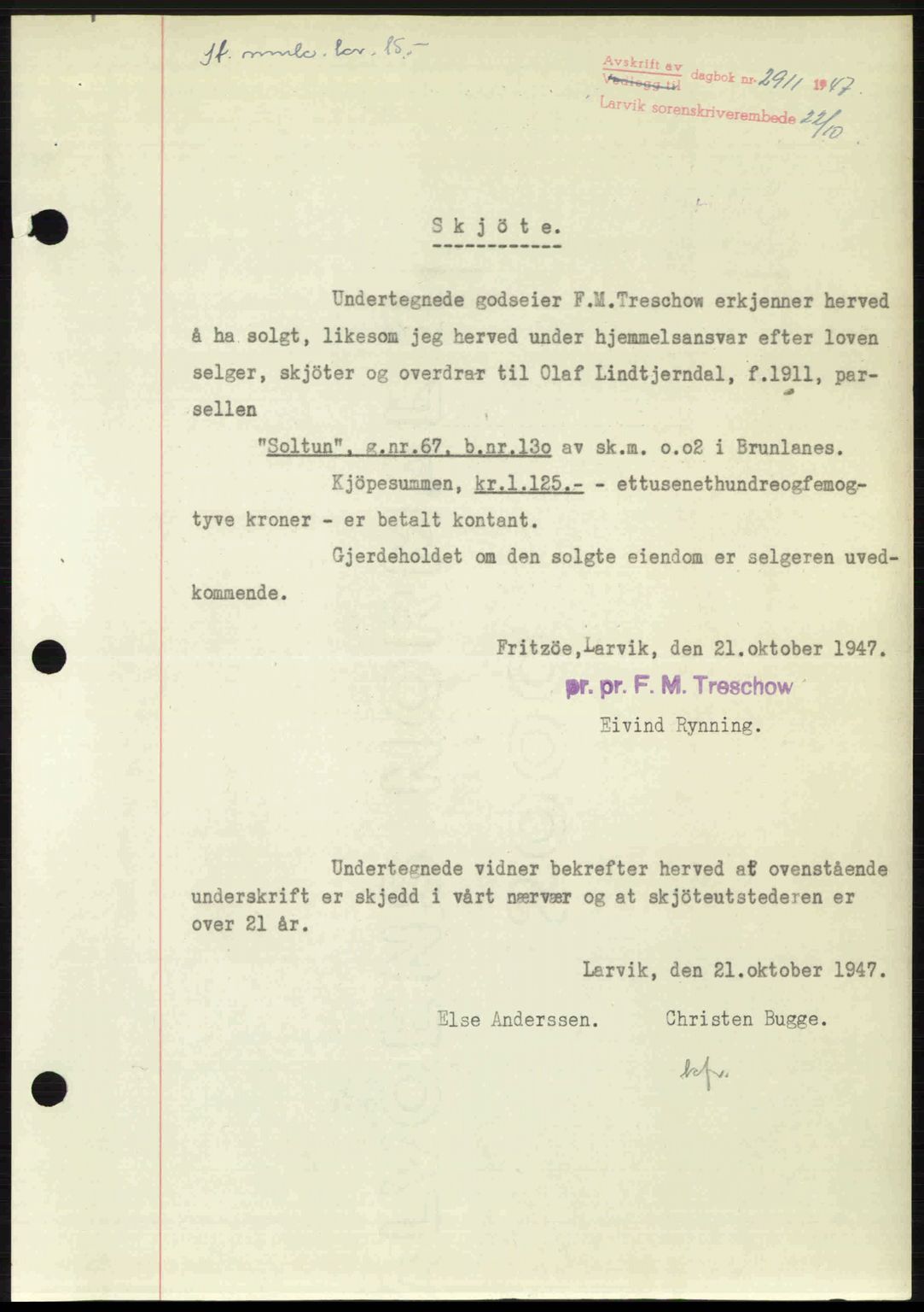 Larvik sorenskriveri, SAKO/A-83/G/Ga/Gab/L0085: Pantebok nr. A-19, 1947-1948, Dagboknr: 2911/1947