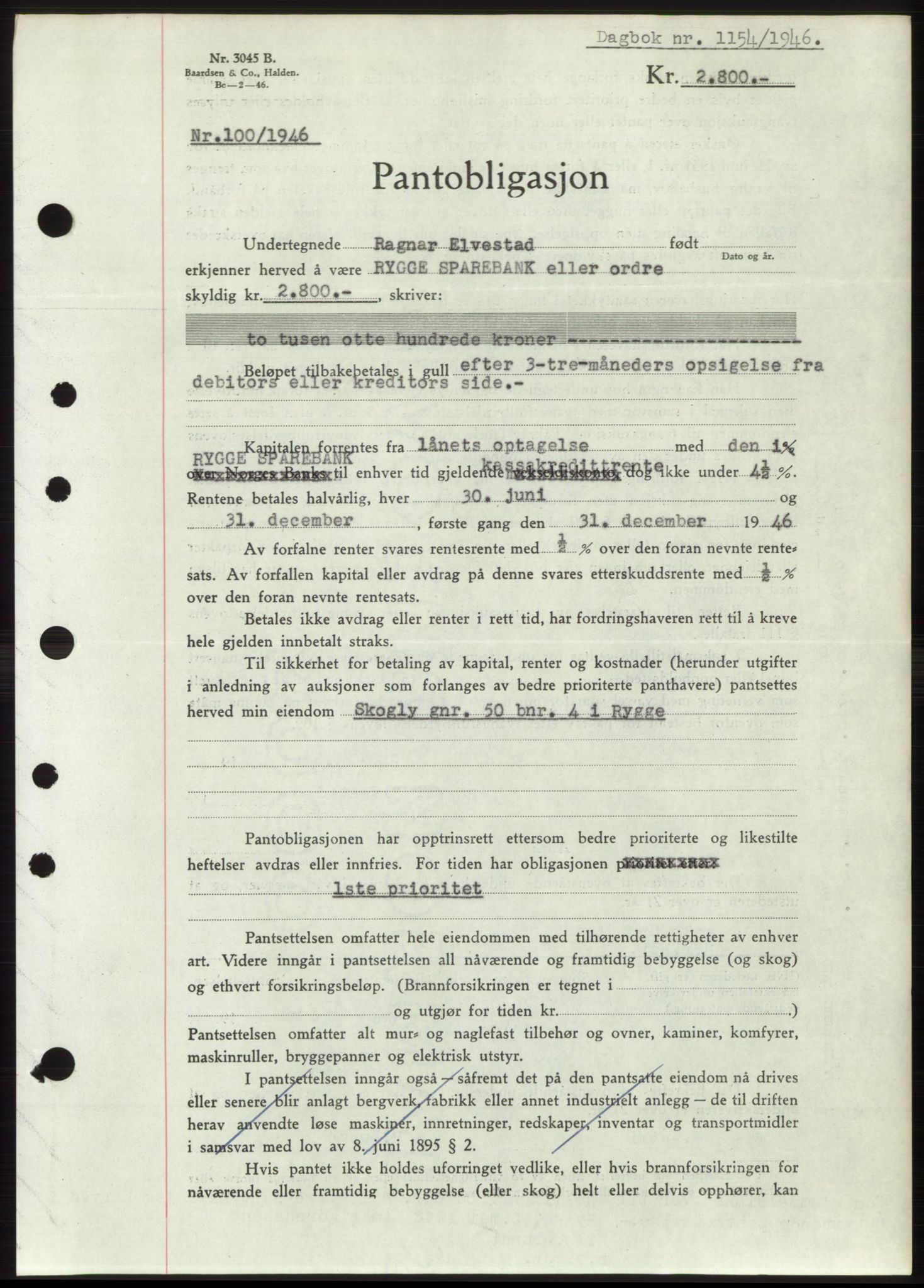 Moss sorenskriveri, SAO/A-10168: Pantebok nr. B15, 1946-1946, Dagboknr: 1154/1946
