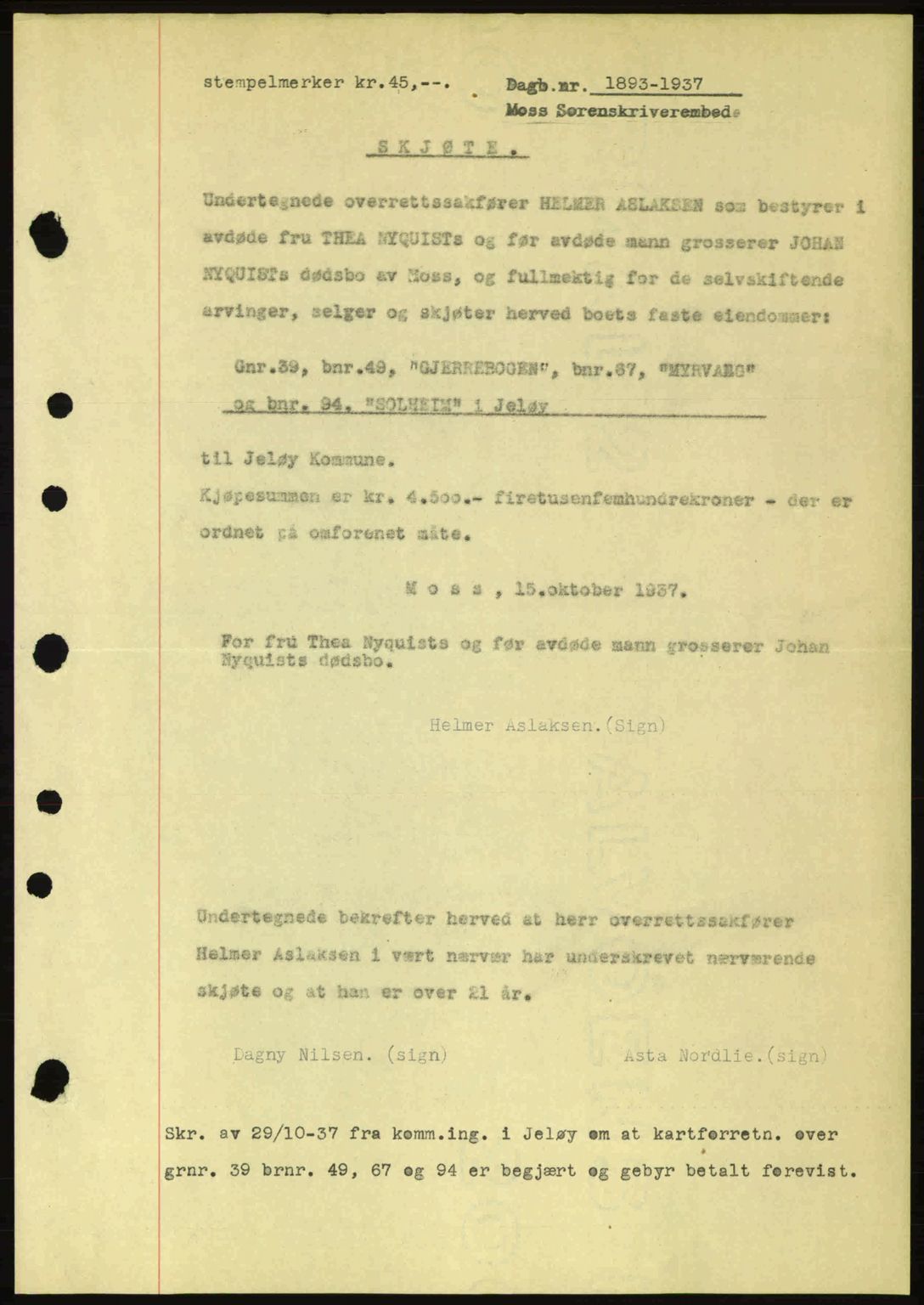 Moss sorenskriveri, SAO/A-10168: Pantebok nr. A3, 1937-1938, Dagboknr: 1893/1937