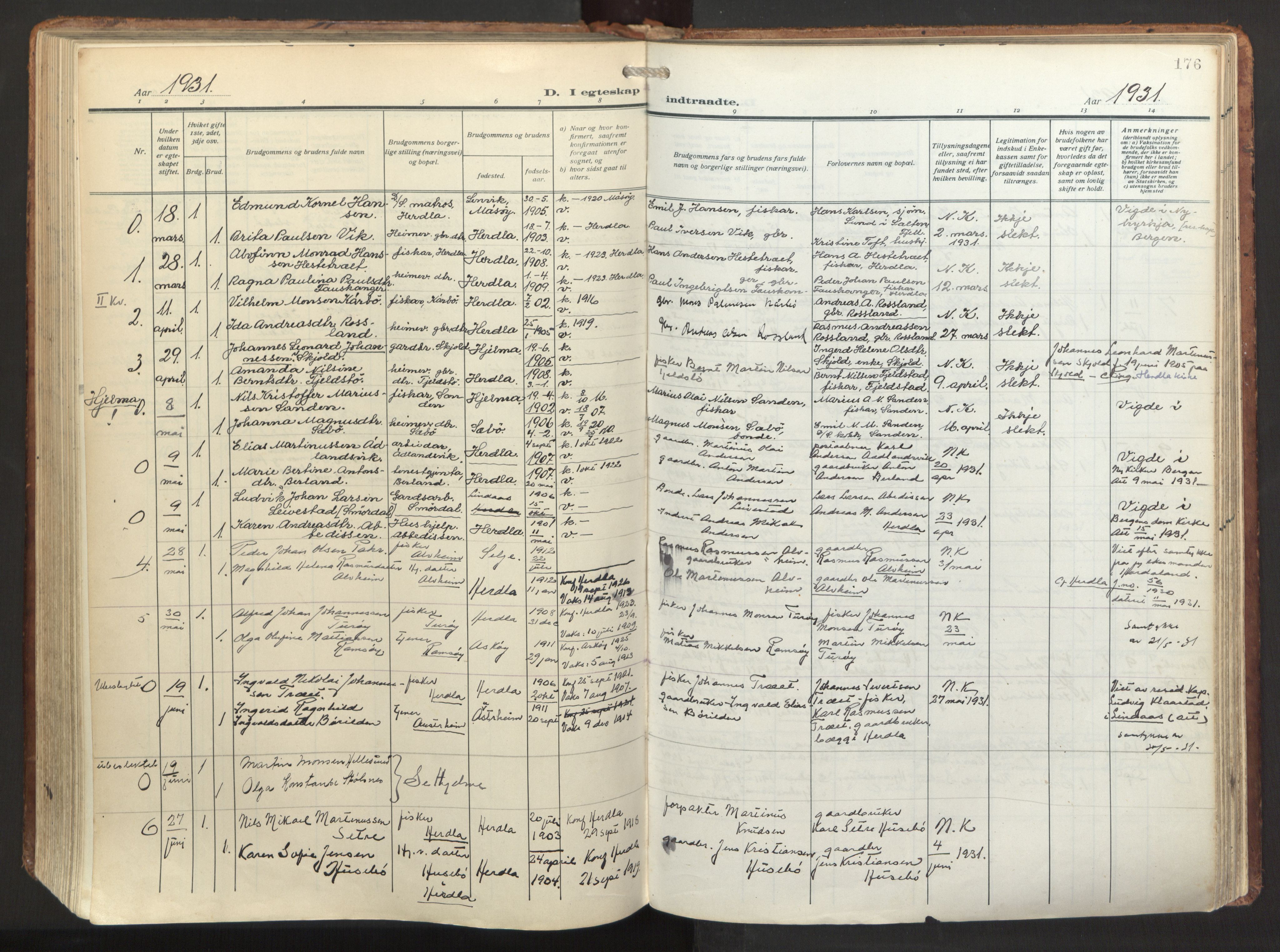Herdla Sokneprestembete, AV/SAB-A-75701/H/Haa: Ministerialbok nr. A 6, 1918-1933, s. 176