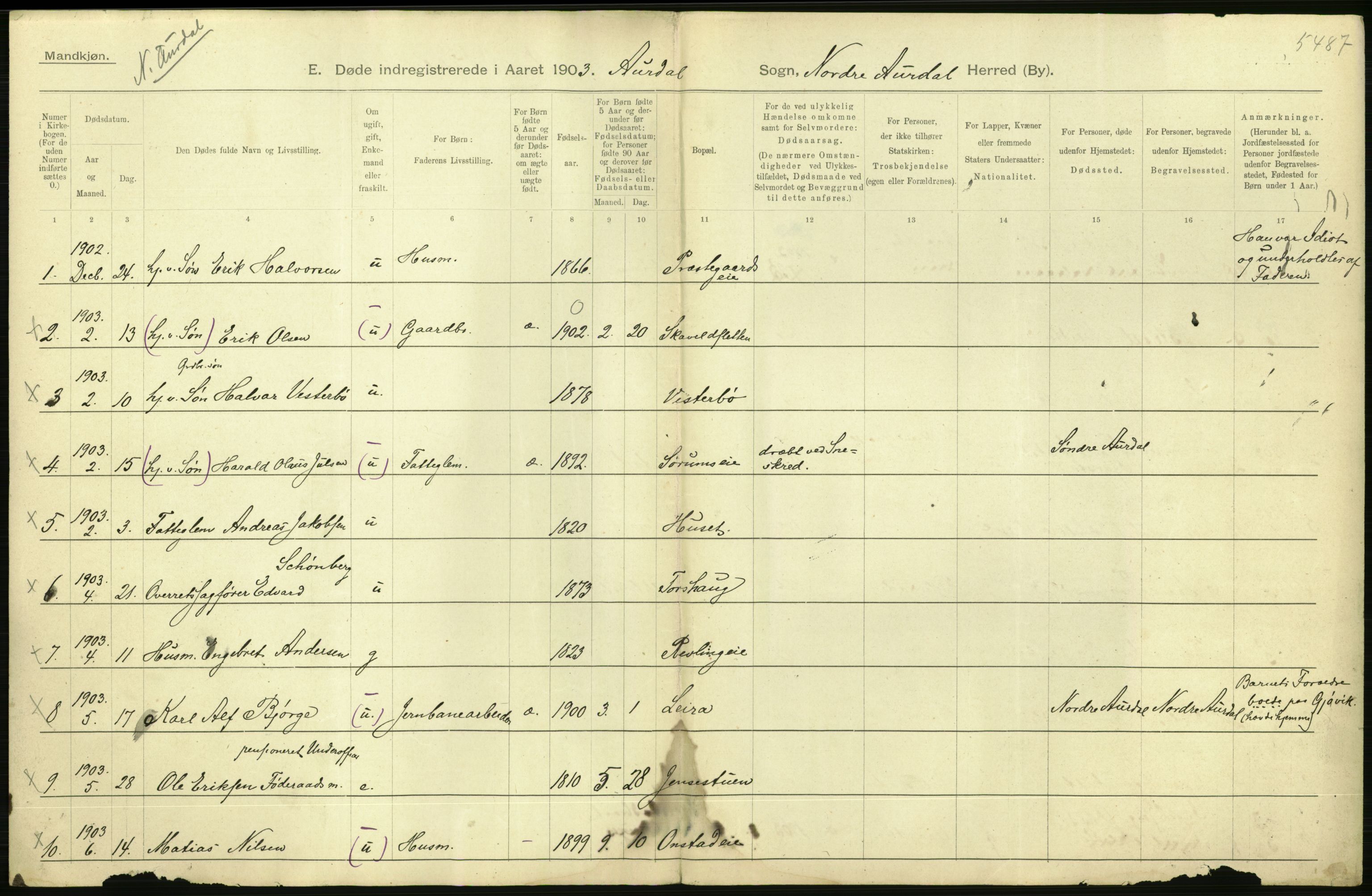 Statistisk sentralbyrå, Sosiodemografiske emner, Befolkning, AV/RA-S-2228/D/Df/Dfa/Dfaa/L0006: Kristians amt: Fødte, gifte, døde, 1903, s. 630