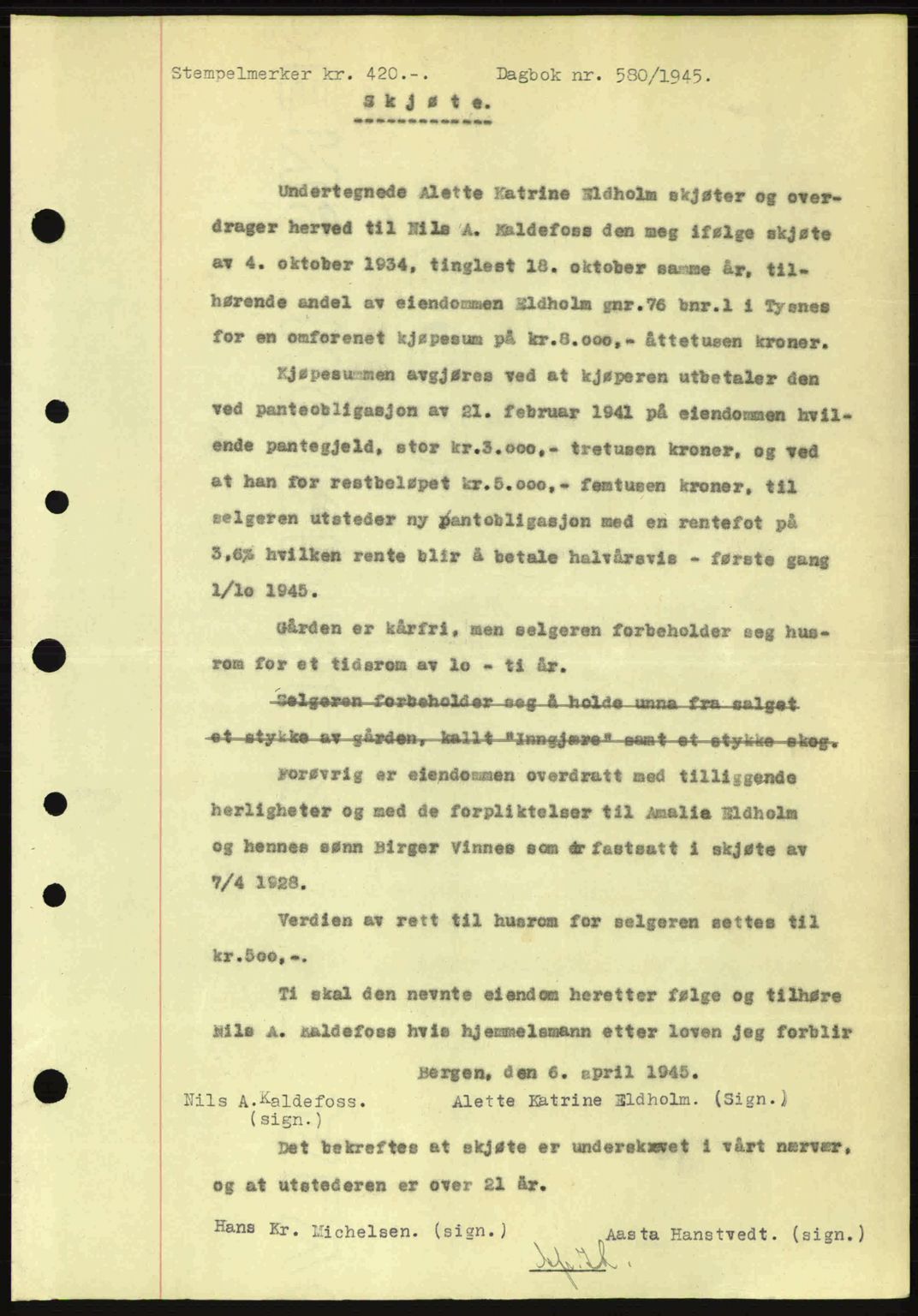 Sunnhordland sorenskrivar, AV/SAB-A-2401: Pantebok nr. A77, 1945-1945, Dagboknr: 580/1945