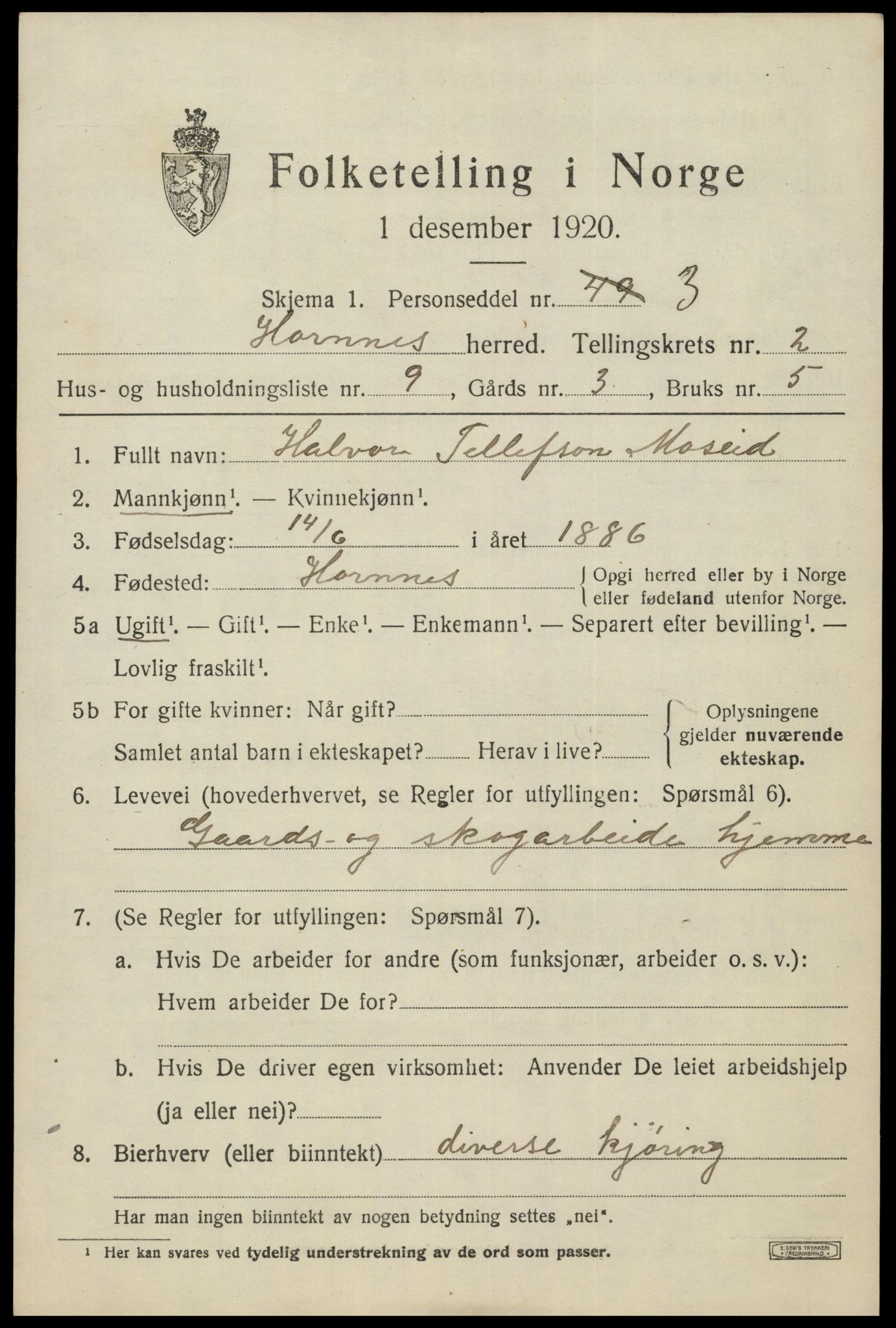 SAK, Folketelling 1920 for 0936 Hornnes herred, 1920, s. 797