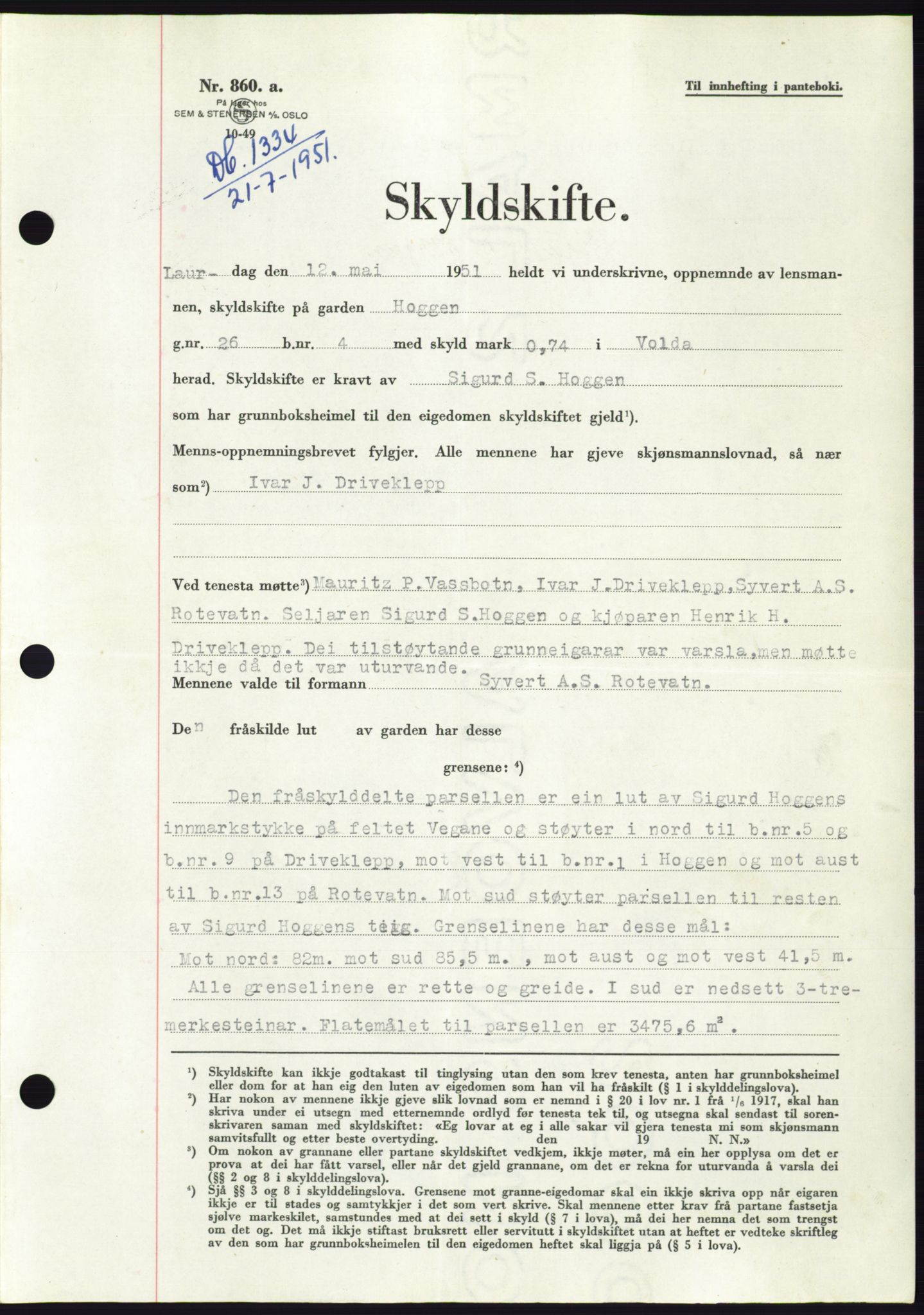 Søre Sunnmøre sorenskriveri, AV/SAT-A-4122/1/2/2C/L0089: Pantebok nr. 15A, 1951-1951, Dagboknr: 1334/1951