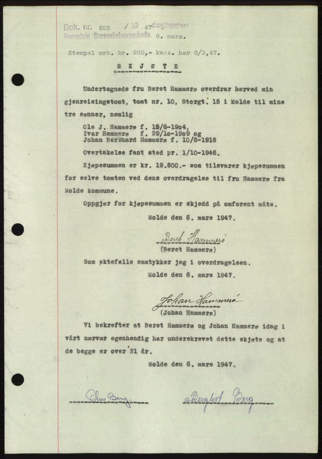 Romsdal sorenskriveri, SAT/A-4149/1/2/2C: Pantebok nr. A22, 1947-1947, Dagboknr: 523/1947