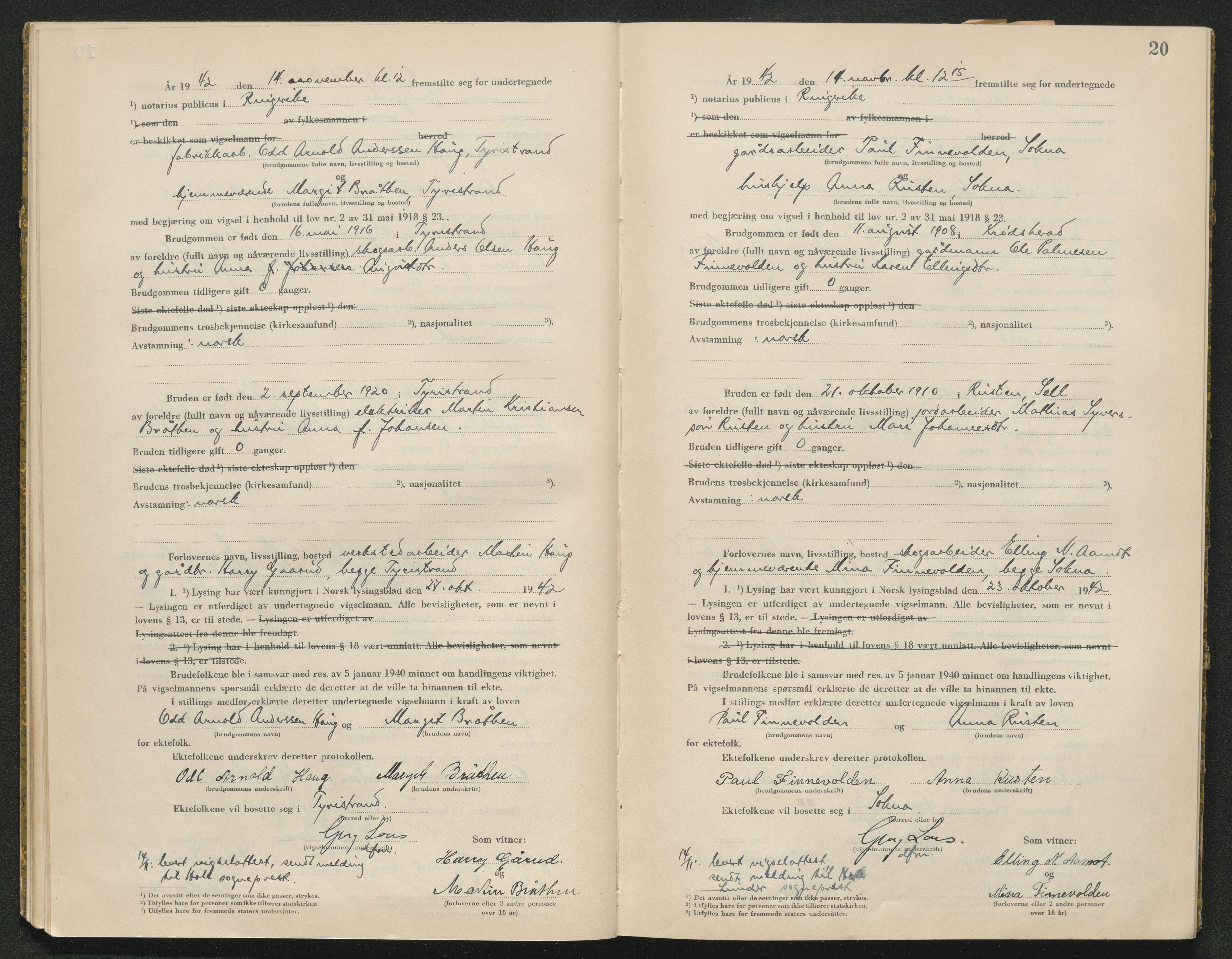 Ringerike sorenskriveri, AV/SAKO-A-105/L/Lc/L0002: Vigselsbok, 1942-1943, s. 20