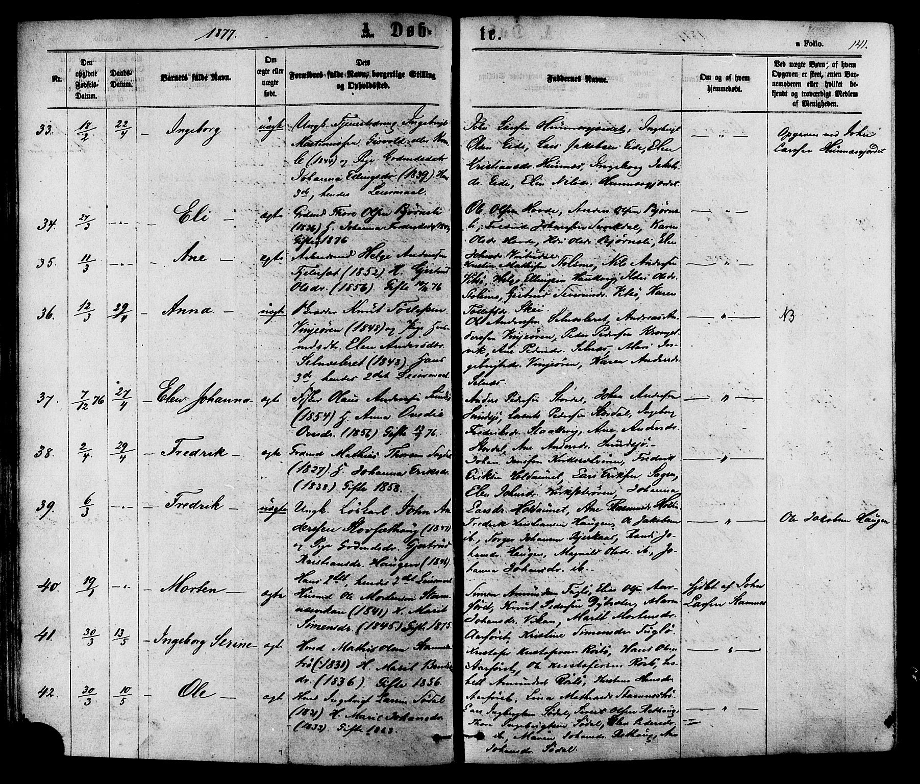 Ministerialprotokoller, klokkerbøker og fødselsregistre - Sør-Trøndelag, SAT/A-1456/630/L0495: Ministerialbok nr. 630A08, 1868-1878, s. 141