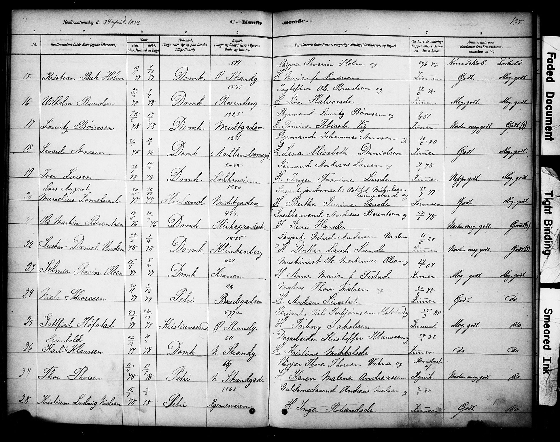 Domkirken sokneprestkontor, AV/SAST-A-101812/001/30/30BA/L0028: Ministerialbok nr. A 27, 1878-1896, s. 135