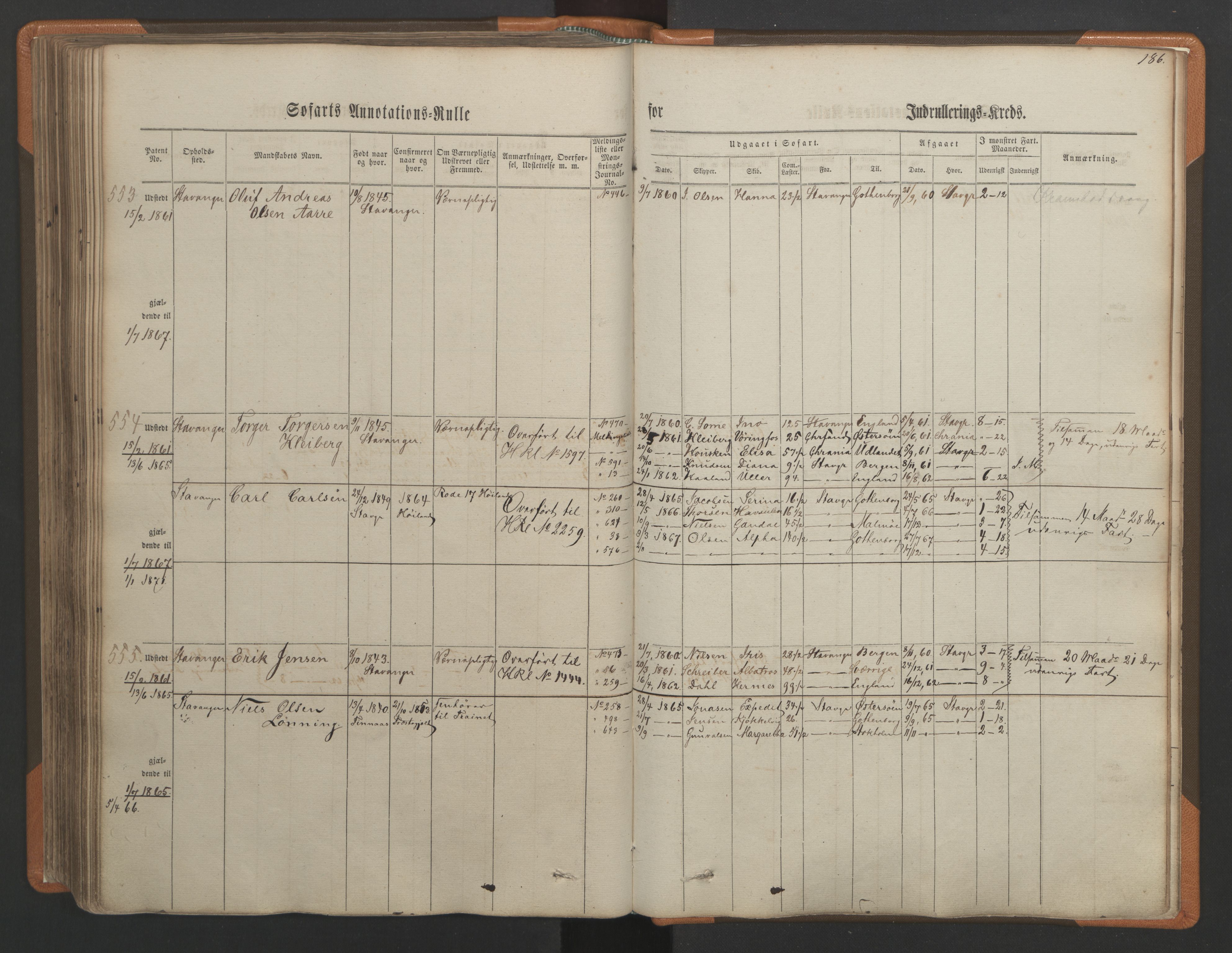 Stavanger sjømannskontor, AV/SAST-A-102006/F/Ff/L0001: Annotasjonsrulle, patentnr. 1-597 (del 1), 1860-1864, s. 196