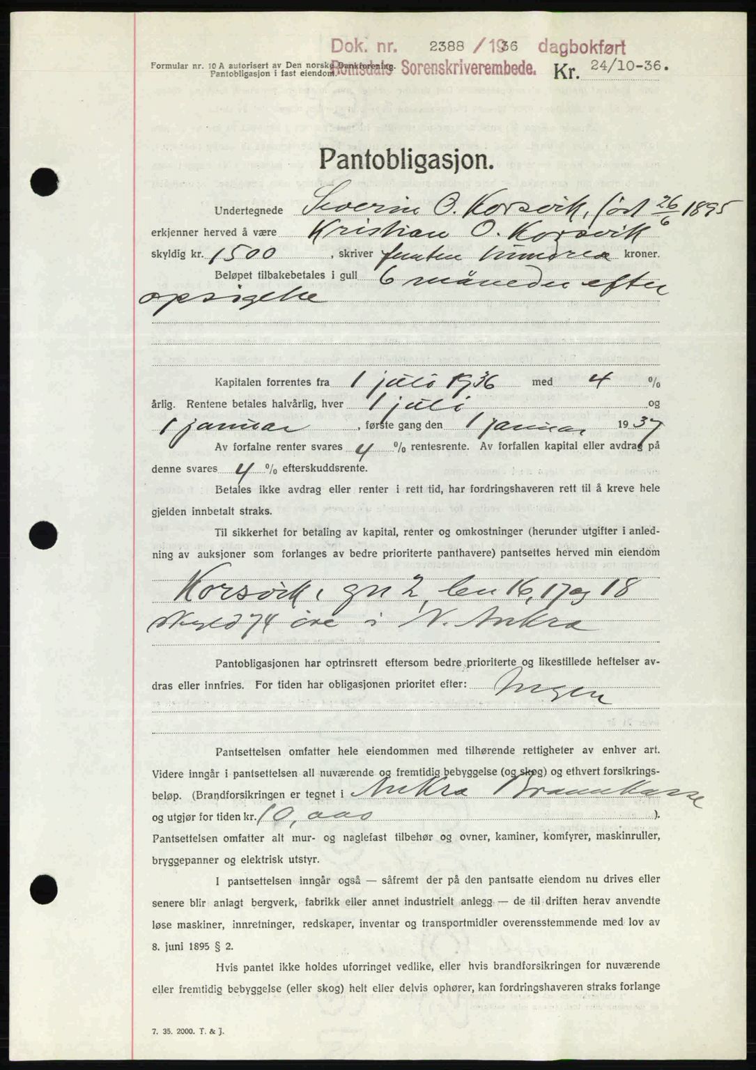 Romsdal sorenskriveri, SAT/A-4149/1/2/2C: Pantebok nr. B1, 1936-1939, Dagboknr: 2388/1936