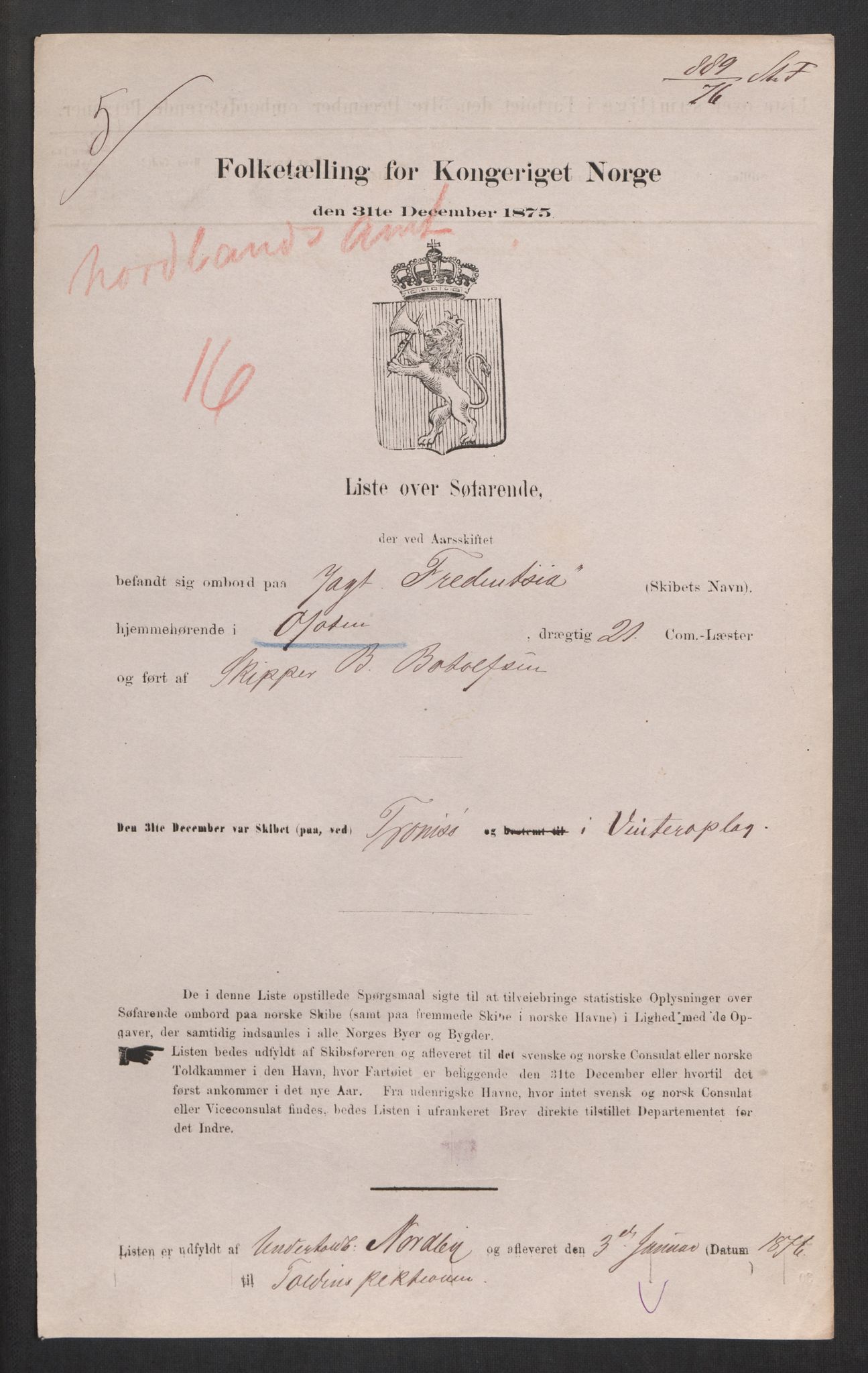 RA, Folketelling 1875, skipslister: Skip i innenrikske havner, hjemmehørende i 1) landdistrikter, 2) forskjellige steder, 3) utlandet, 1875, s. 366