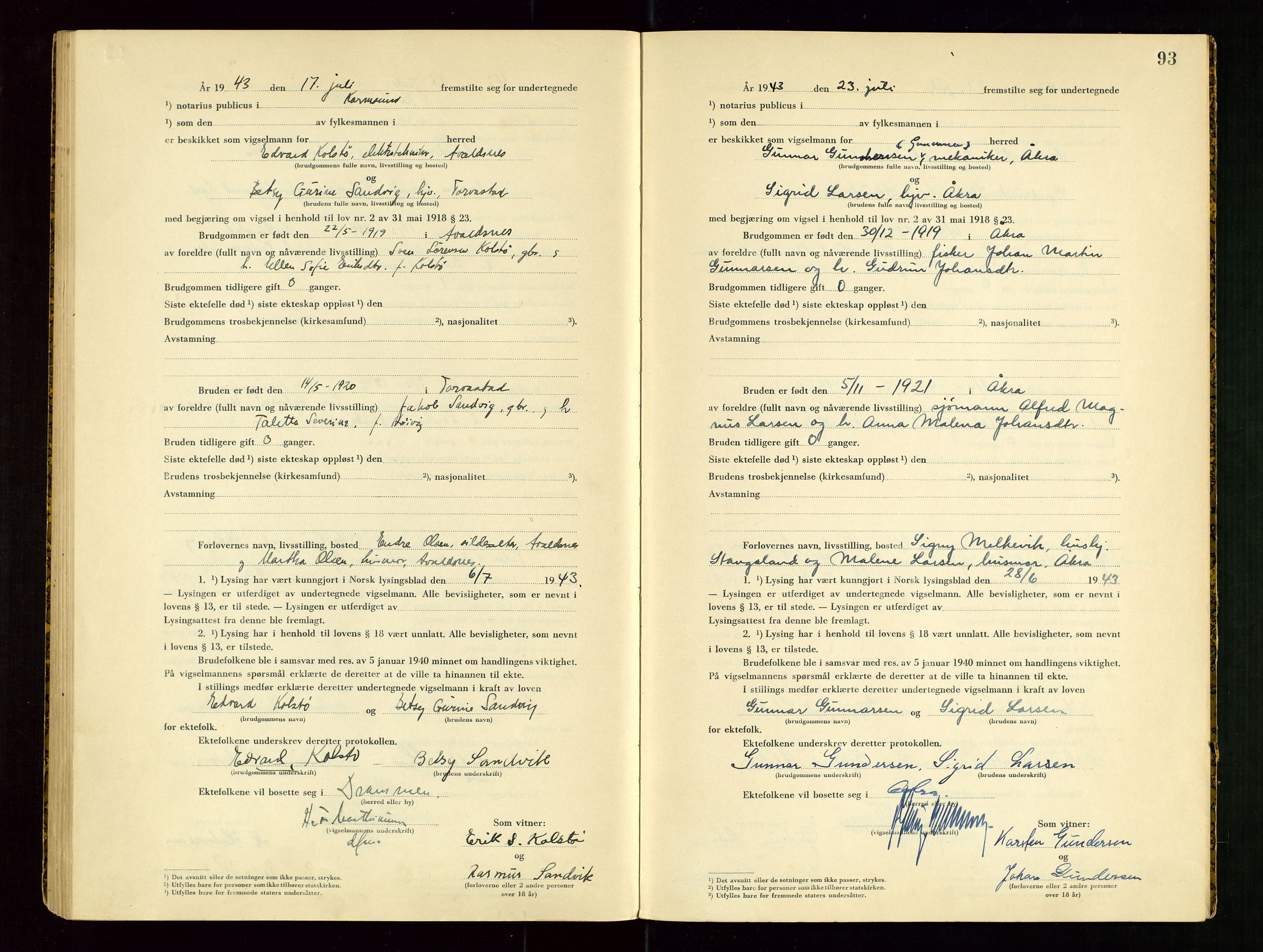Karmsund sorenskriveri, AV/SAST-A-100311/01/III/IIICBA/L0002: VIGSELSBOK, 1942-1943, s. 93
