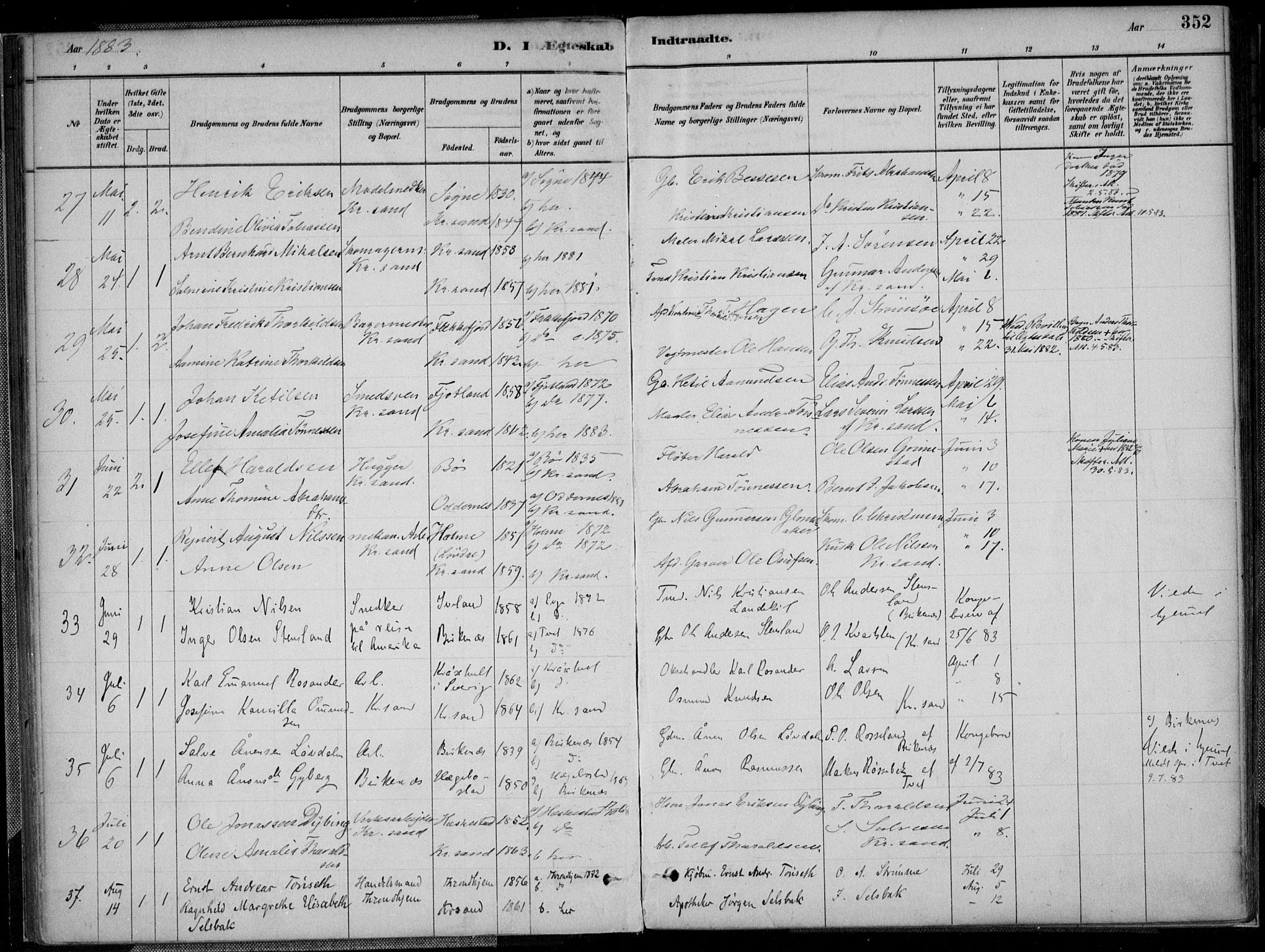 Kristiansand domprosti, AV/SAK-1112-0006/F/Fa/L0017: Ministerialbok nr. A 16B, 1880-1890, s. 352
