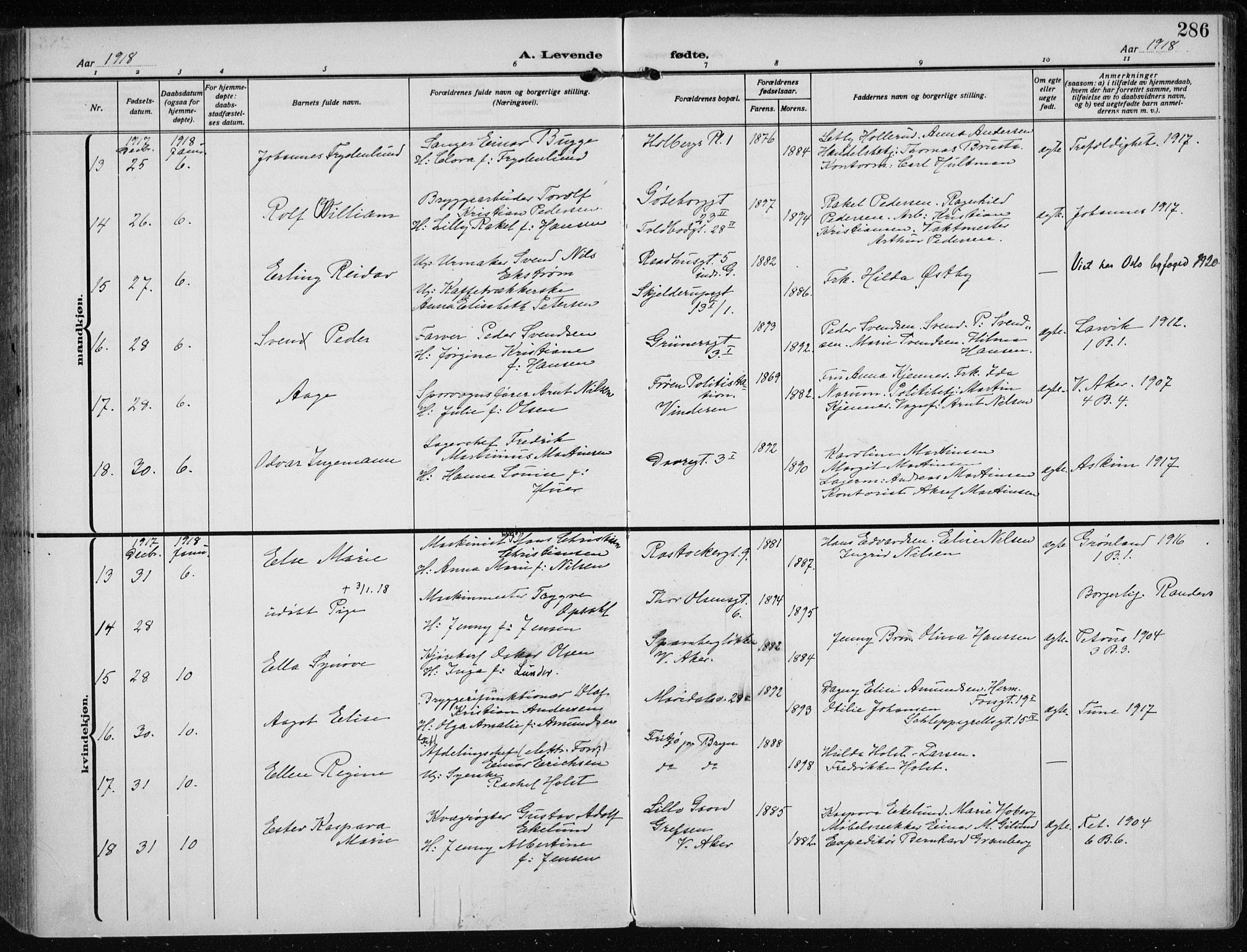 Rikshospitalet prestekontor Kirkebøker, AV/SAO-A-10309b/F/L0016: Ministerialbok nr. 16, 1916-1918, s. 286