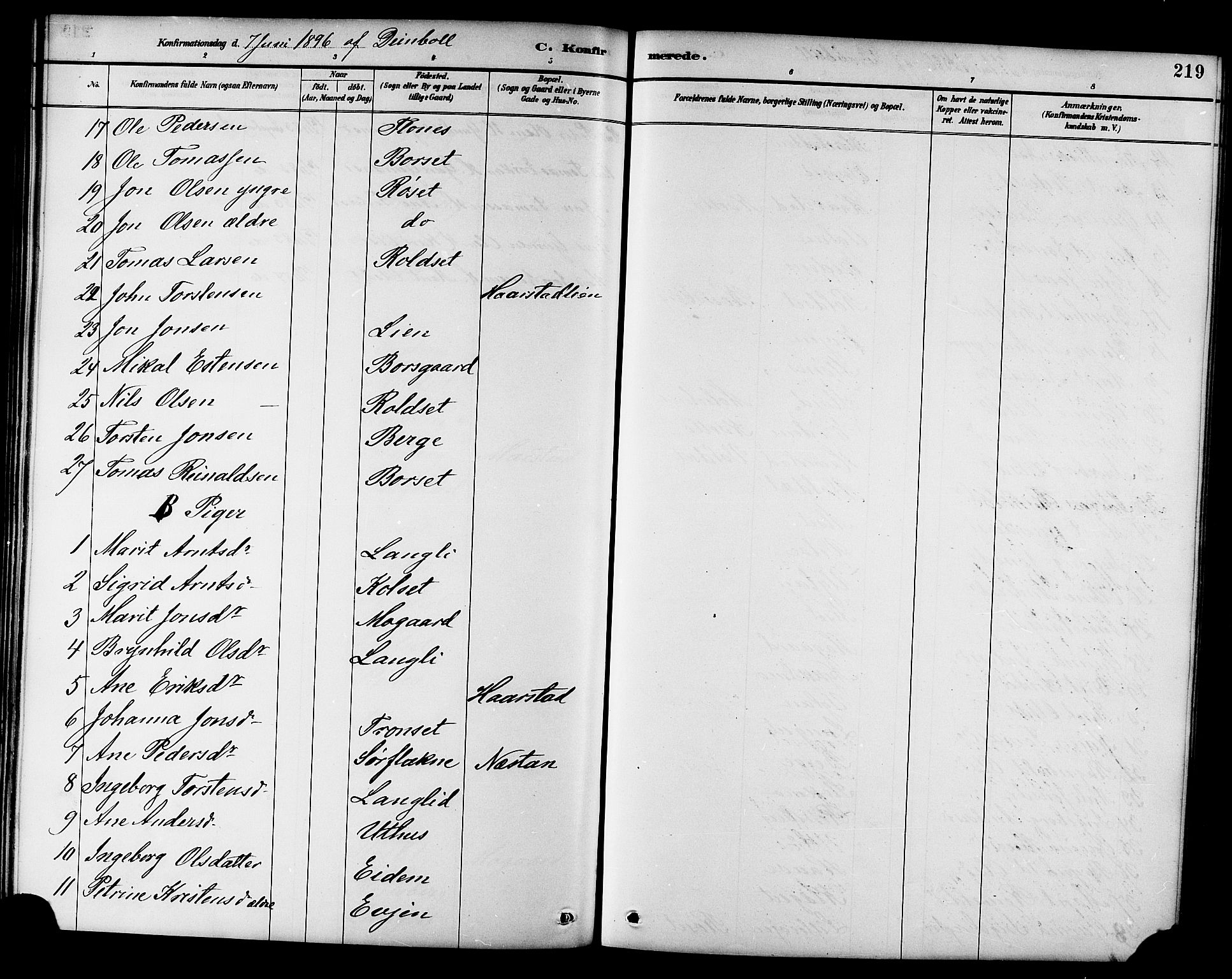 Ministerialprotokoller, klokkerbøker og fødselsregistre - Sør-Trøndelag, AV/SAT-A-1456/695/L1157: Klokkerbok nr. 695C08, 1889-1913, s. 219