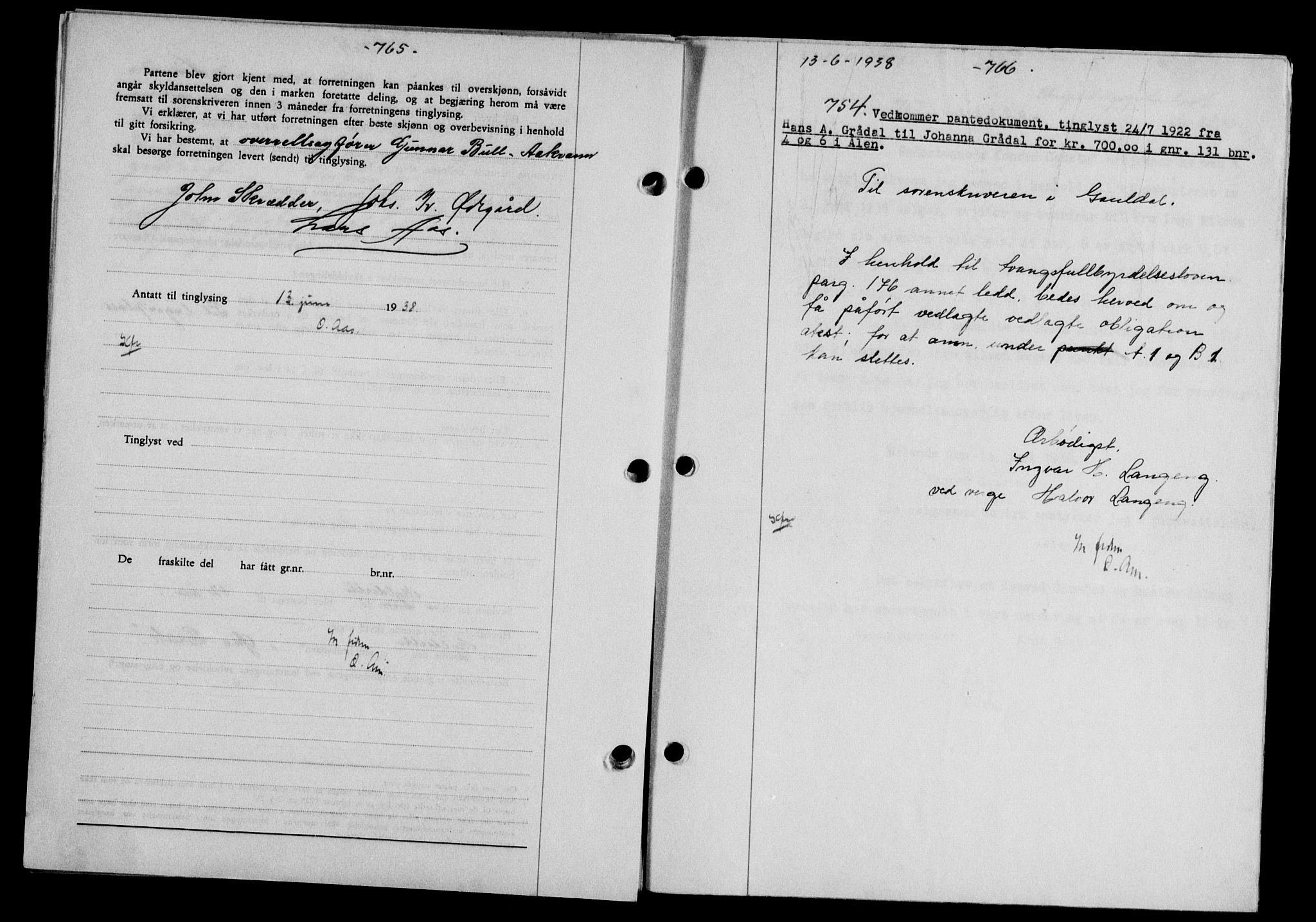 Gauldal sorenskriveri, SAT/A-0014/1/2/2C/L0048: Pantebok nr. 51-52, 1937-1938, s. 765, Dagboknr: 754/1938