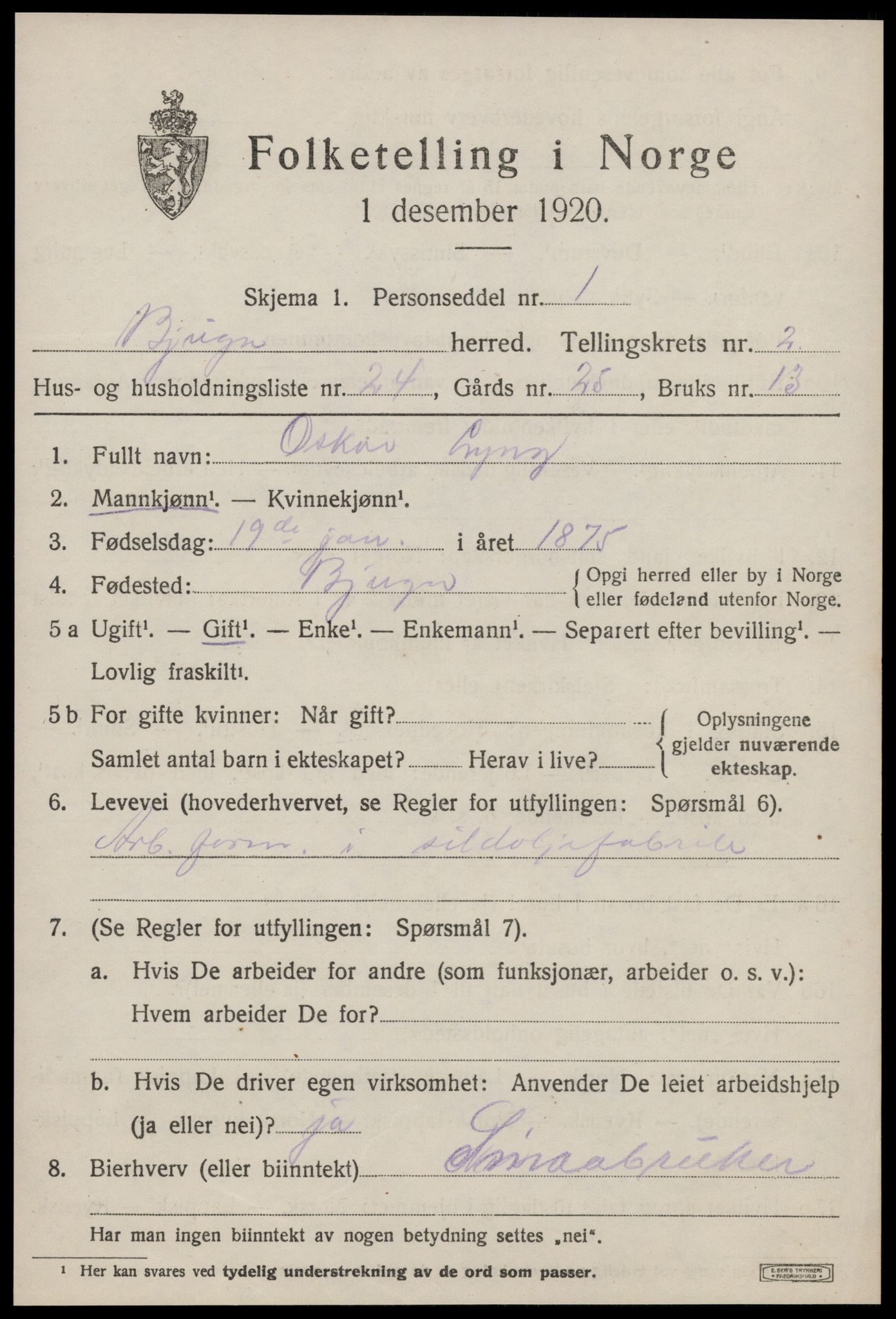 SAT, Folketelling 1920 for 1627 Bjugn herred, 1920, s. 1513
