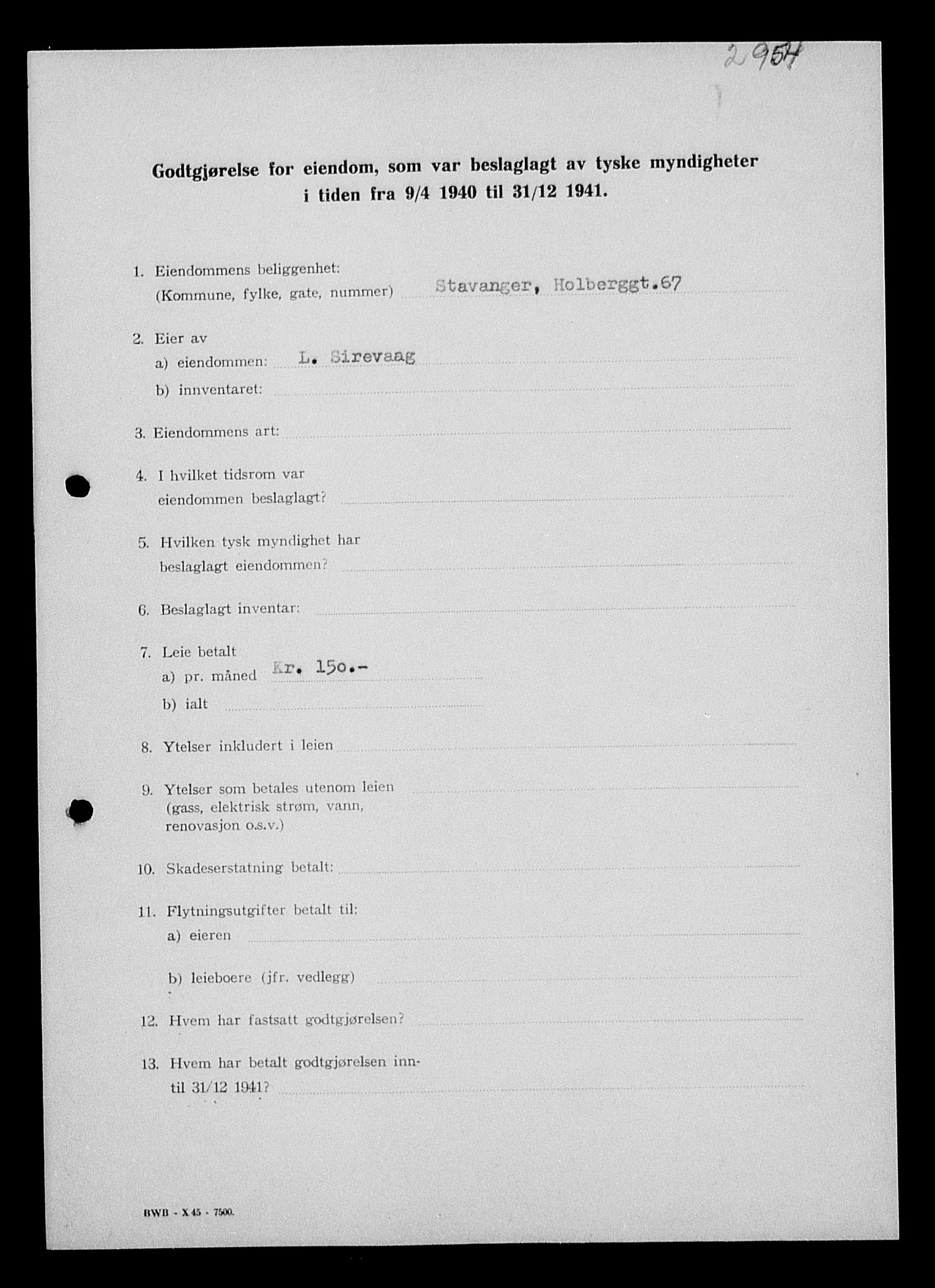 Justisdepartementet, Tilbakeføringskontoret for inndratte formuer, AV/RA-S-1564/I/L1014: Godtgjørelse for beslaglagt eiendom, 1940-1941, s. 121