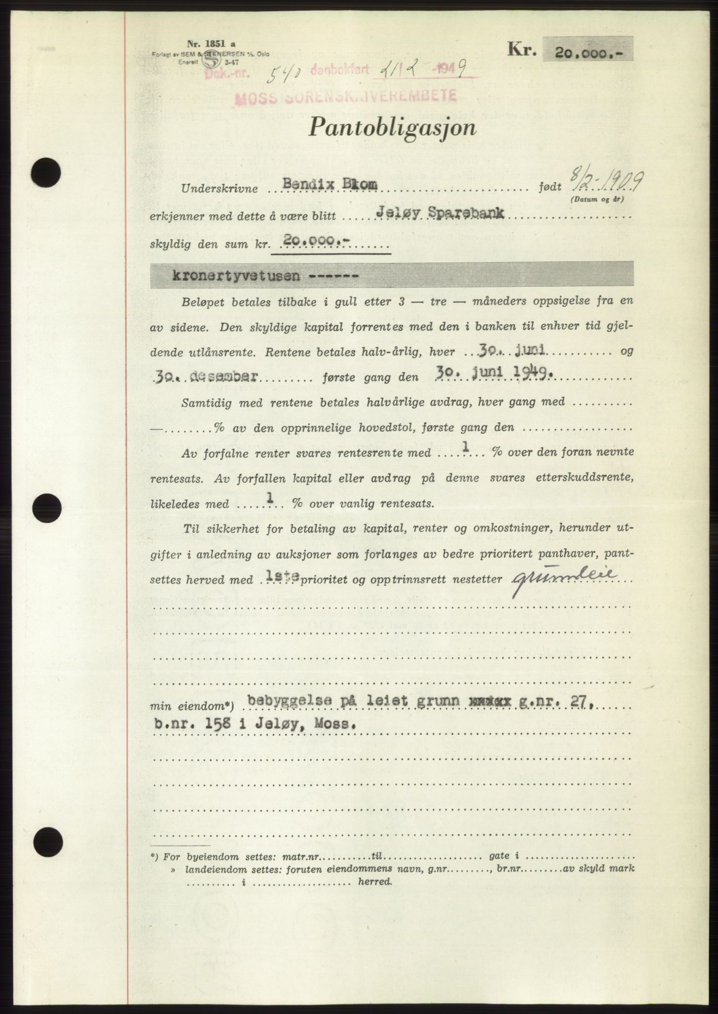 Moss sorenskriveri, SAO/A-10168: Pantebok nr. B21, 1949-1949, Dagboknr: 540/1949