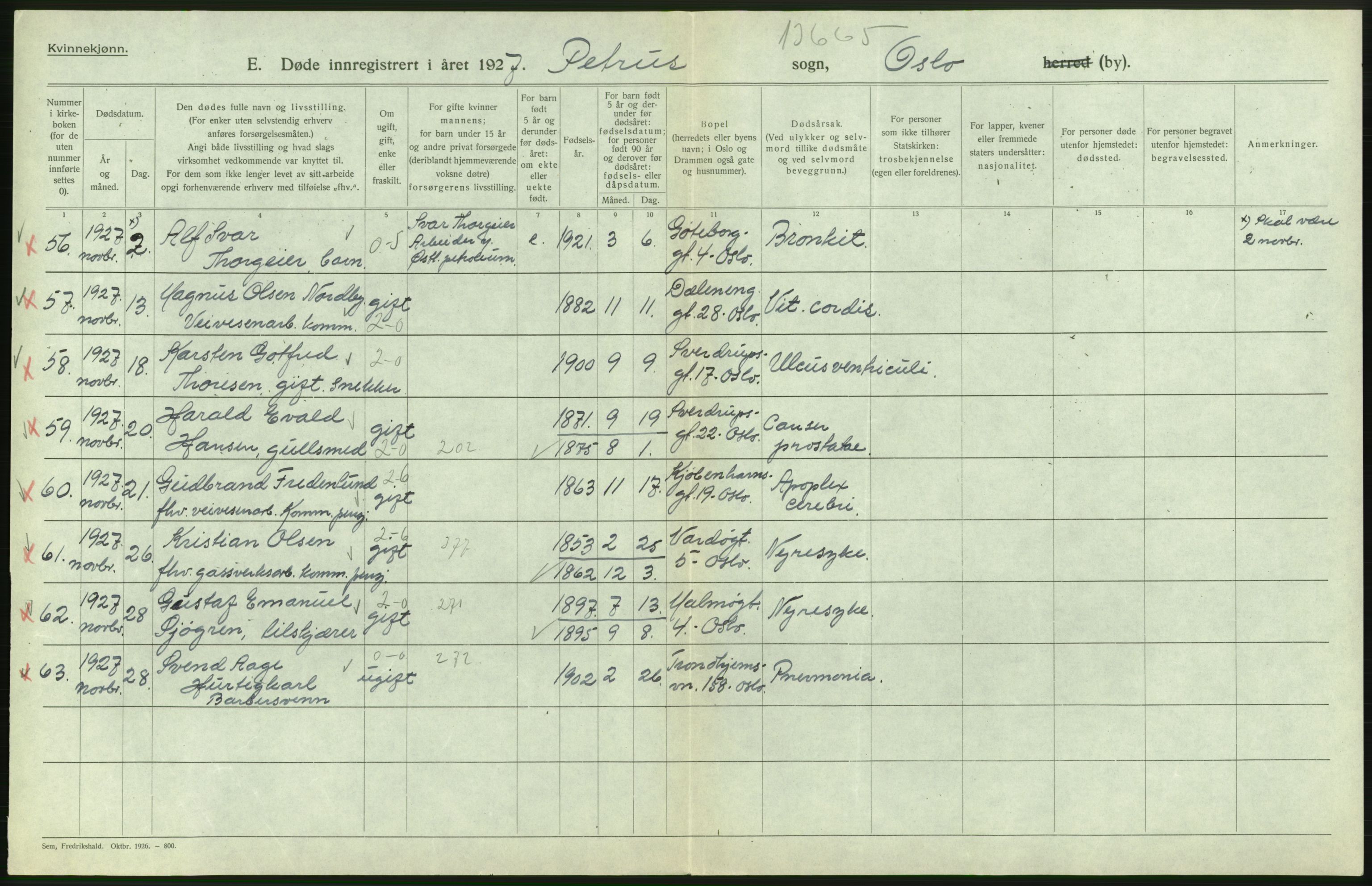 Statistisk sentralbyrå, Sosiodemografiske emner, Befolkning, AV/RA-S-2228/D/Df/Dfc/Dfcg/L0009: Oslo: Døde menn, 1927, s. 342