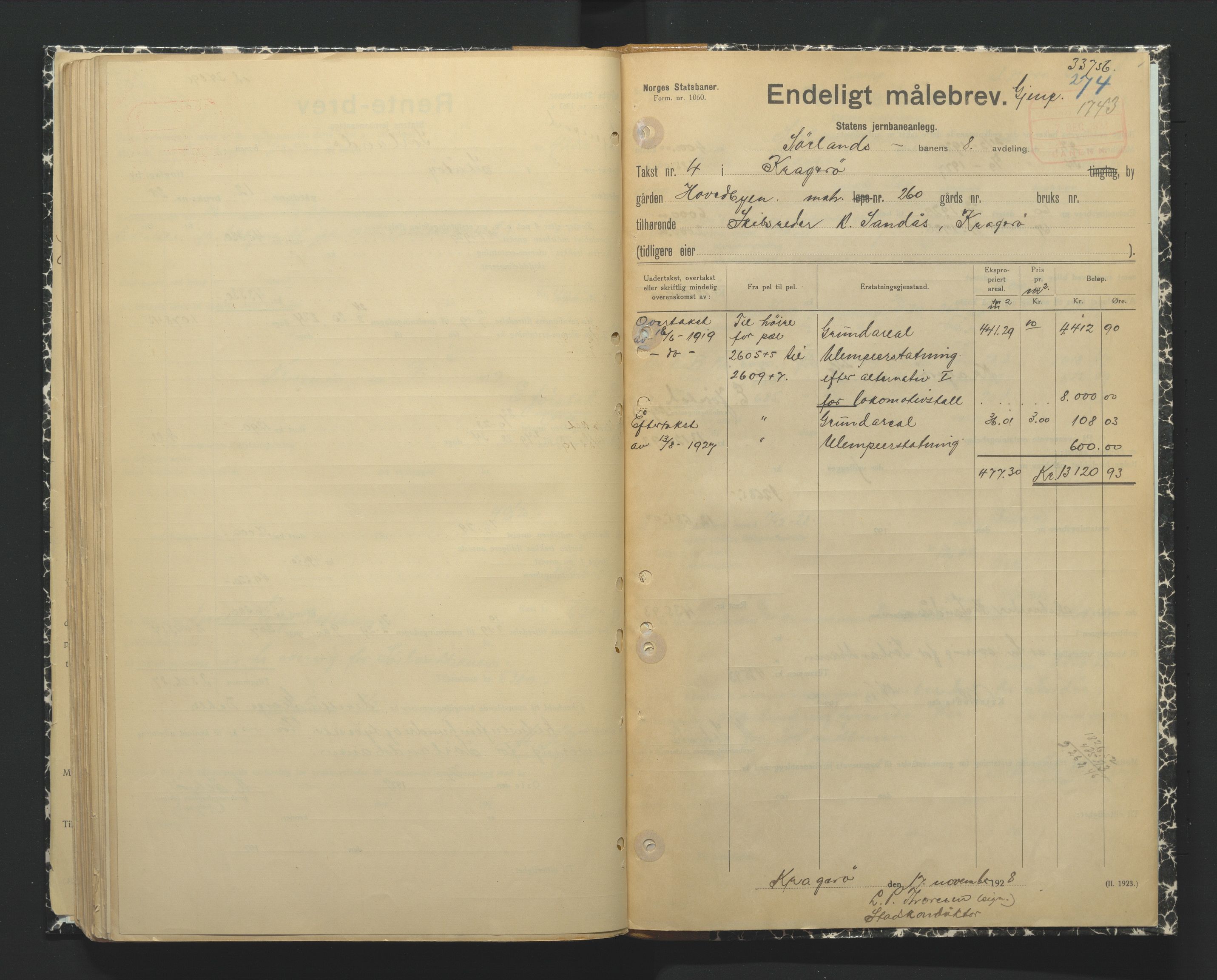 NSB Baneavdelingen, SAK/1821-0004/F/Fc/Fch/L0249/0002: Grunnerstatninger, målebrev / Endelige måle- og rentebrev for Kragerølinja, 1928-1930