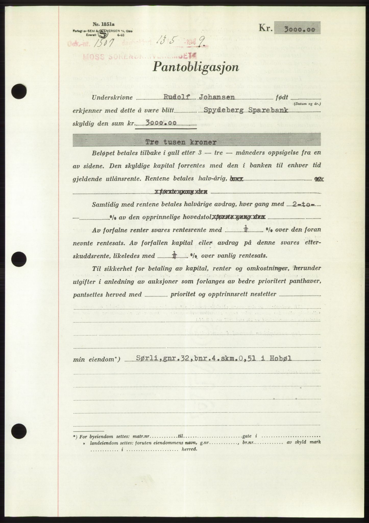 Moss sorenskriveri, SAO/A-10168: Pantebok nr. B21, 1949-1949, Dagboknr: 1507/1949