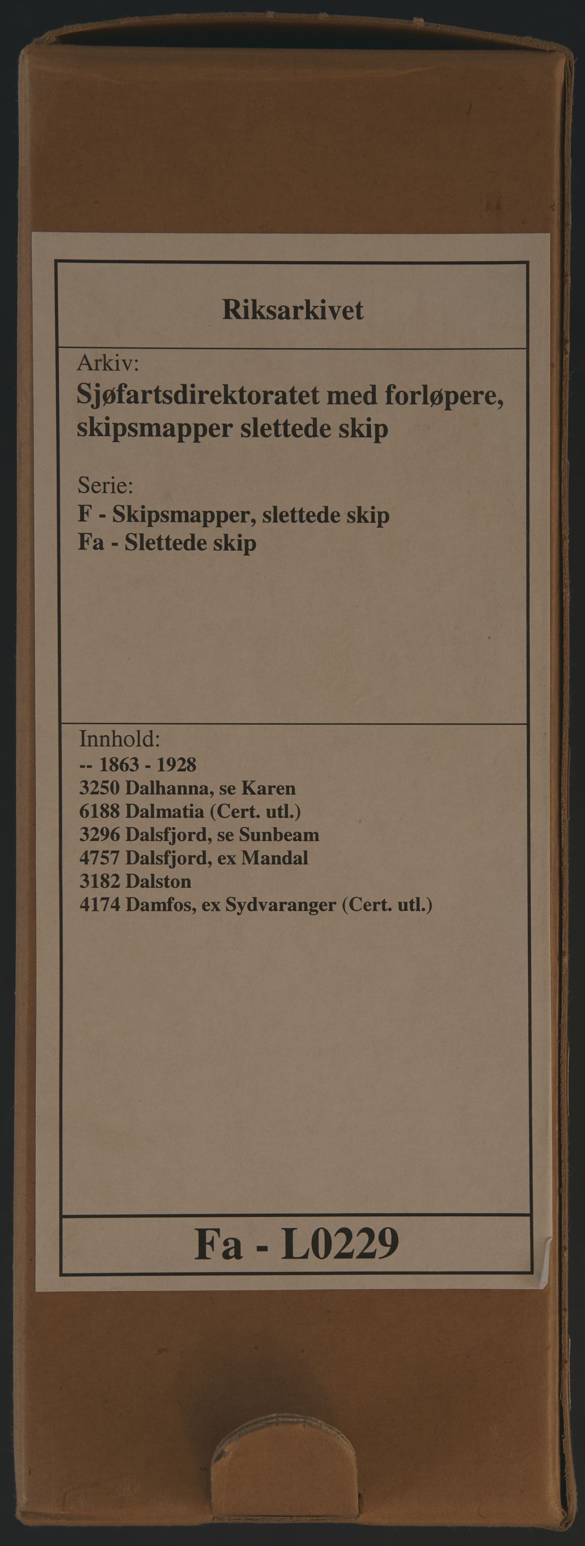 Sjøfartsdirektoratet med forløpere, skipsmapper slettede skip, RA/S-4998/F/Fa/L0229: --, 1863-1928, s. 1