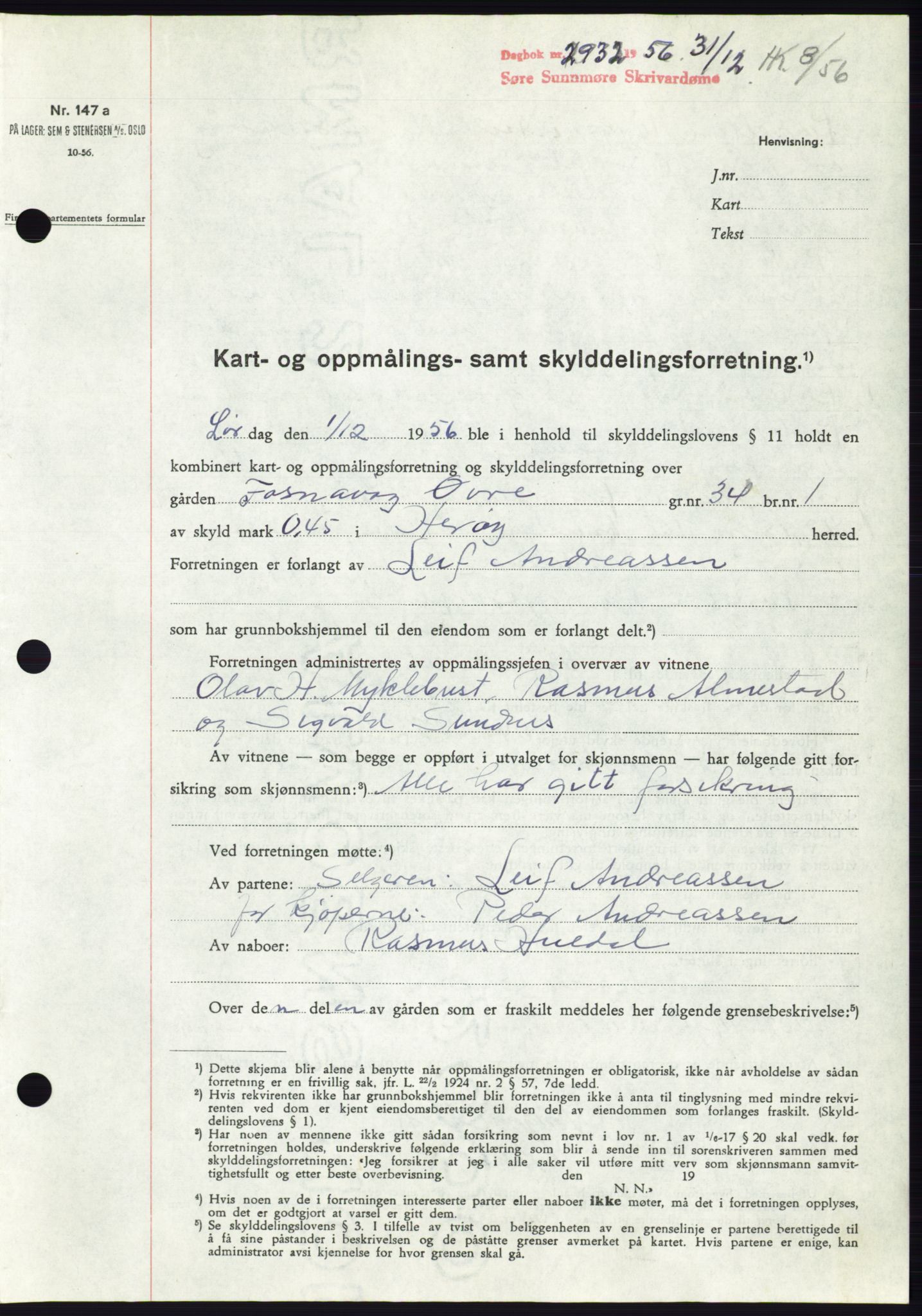Søre Sunnmøre sorenskriveri, SAT/A-4122/1/2/2C/L0105: Pantebok nr. 31A, 1956-1957, Dagboknr: 2932/1956