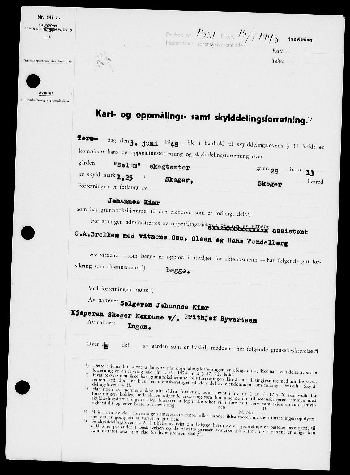 Holmestrand sorenskriveri, SAKO/A-67/G/Ga/Gaa/L0064: Pantebok nr. A-64, 1948-1948, Dagboknr: 1321/1948