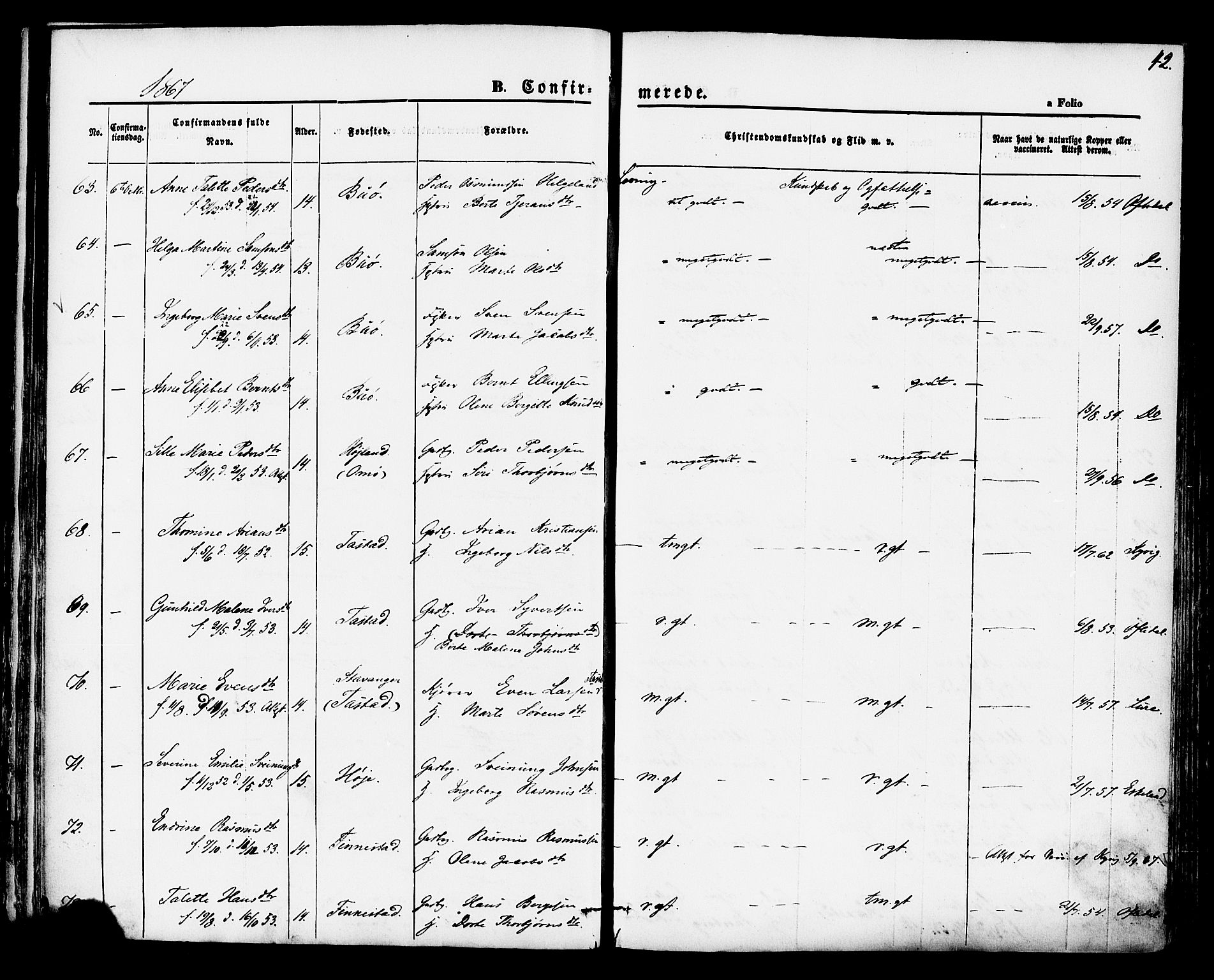 Hetland sokneprestkontor, AV/SAST-A-101826/30/30BA/L0004: Ministerialbok nr. A 4, 1862-1881, s. 42
