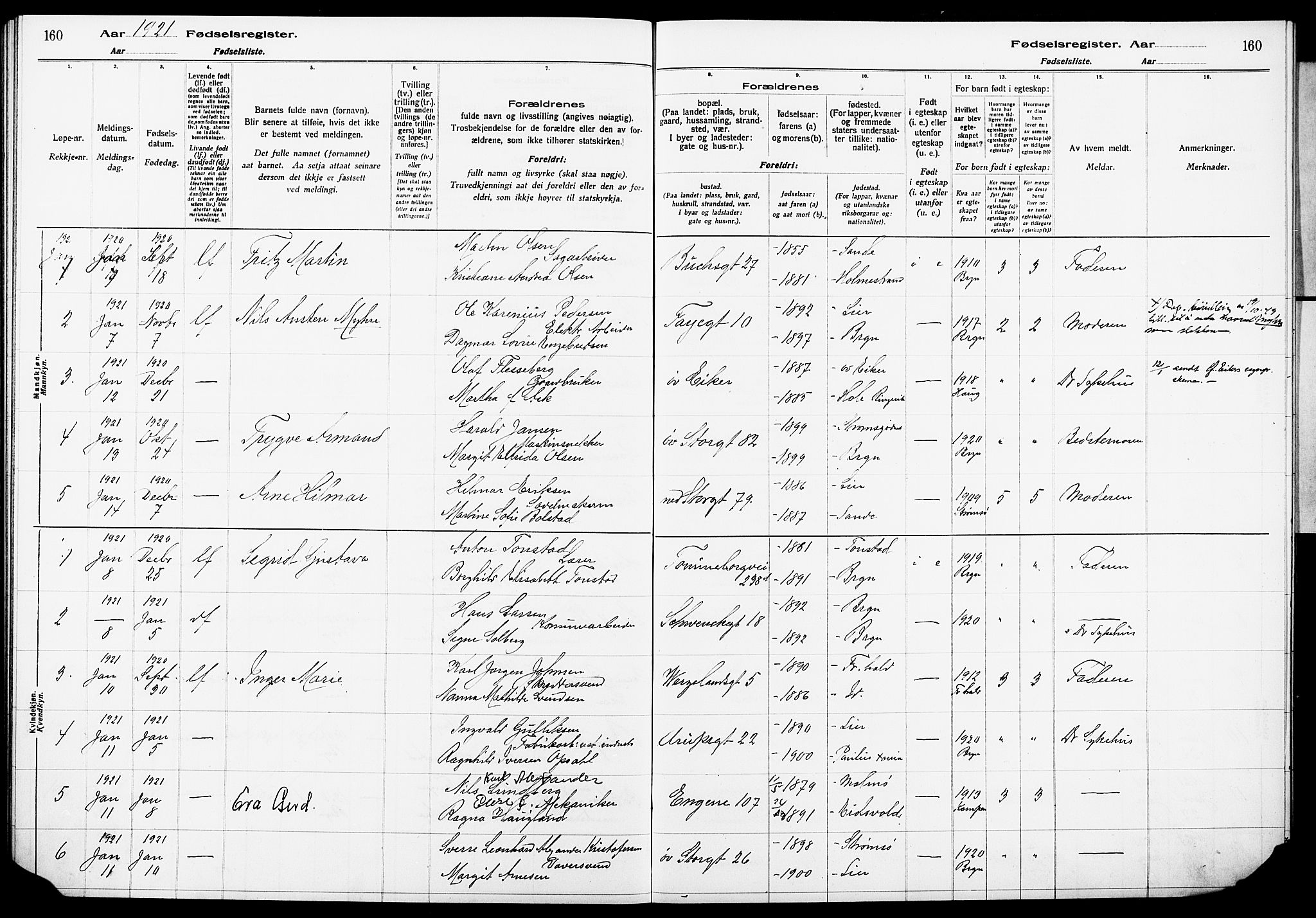 Bragernes kirkebøker, AV/SAKO-A-6/J/Ja/L0001: Fødselsregister nr. 1, 1916-1922, s. 160