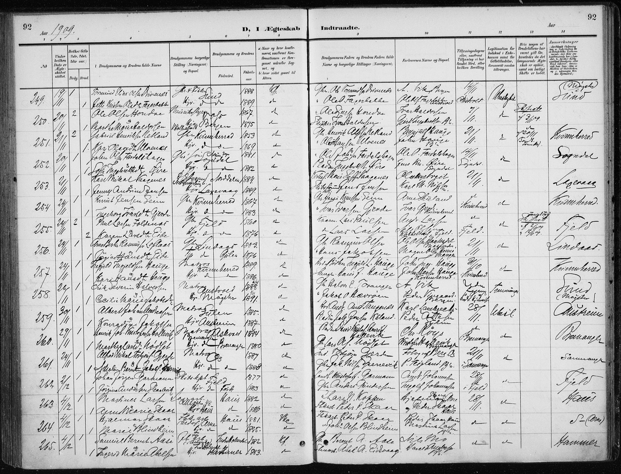 Nykirken Sokneprestembete, AV/SAB-A-77101/H/Haa/L0035: Ministerialbok nr. D 5, 1905-1913, s. 92