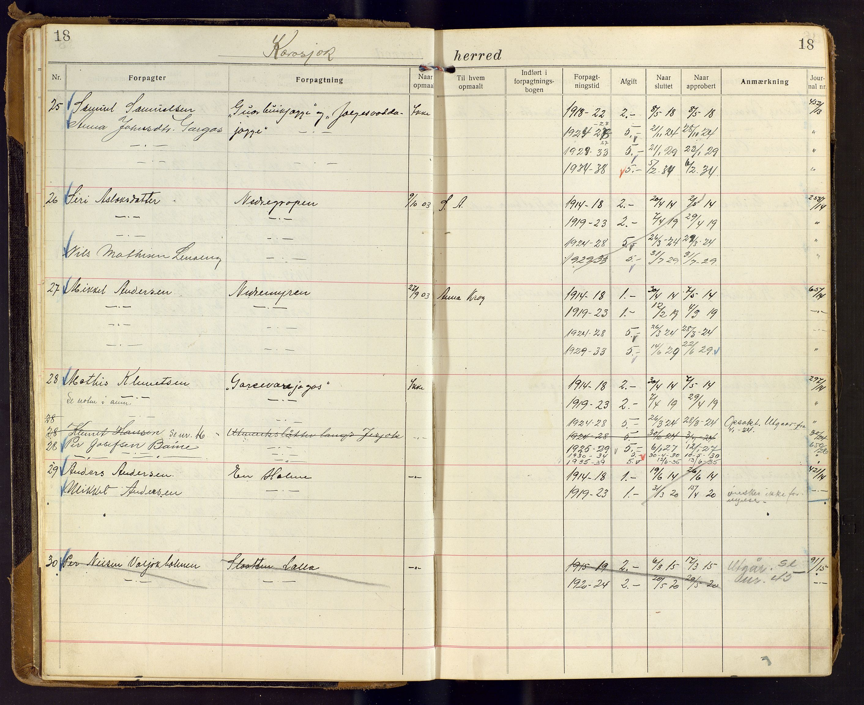 Finnmark jordsalgskommisjon/jordsalgskontor og Statskog SF Finnmark jordsalgskontor, AV/SATØ-S-1443/J/Ja/L0006: Forpaktningsbok for Finnmark II, 1916-1947, s. 18