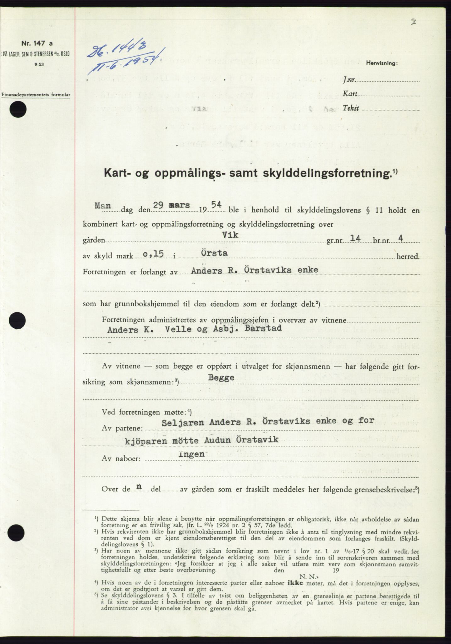 Søre Sunnmøre sorenskriveri, SAT/A-4122/1/2/2C/L0098: Pantebok nr. 24A, 1954-1954, Dagboknr: 1443/1954