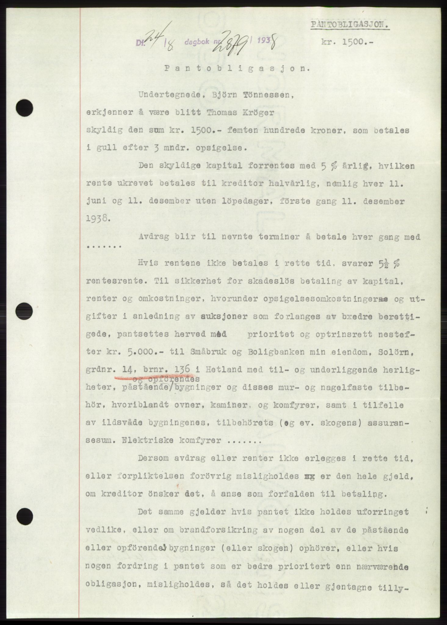 Jæren sorenskriveri, SAST/A-100310/03/G/Gba/L0071: Pantebok, 1938-1938, Dagboknr: 2879/1938