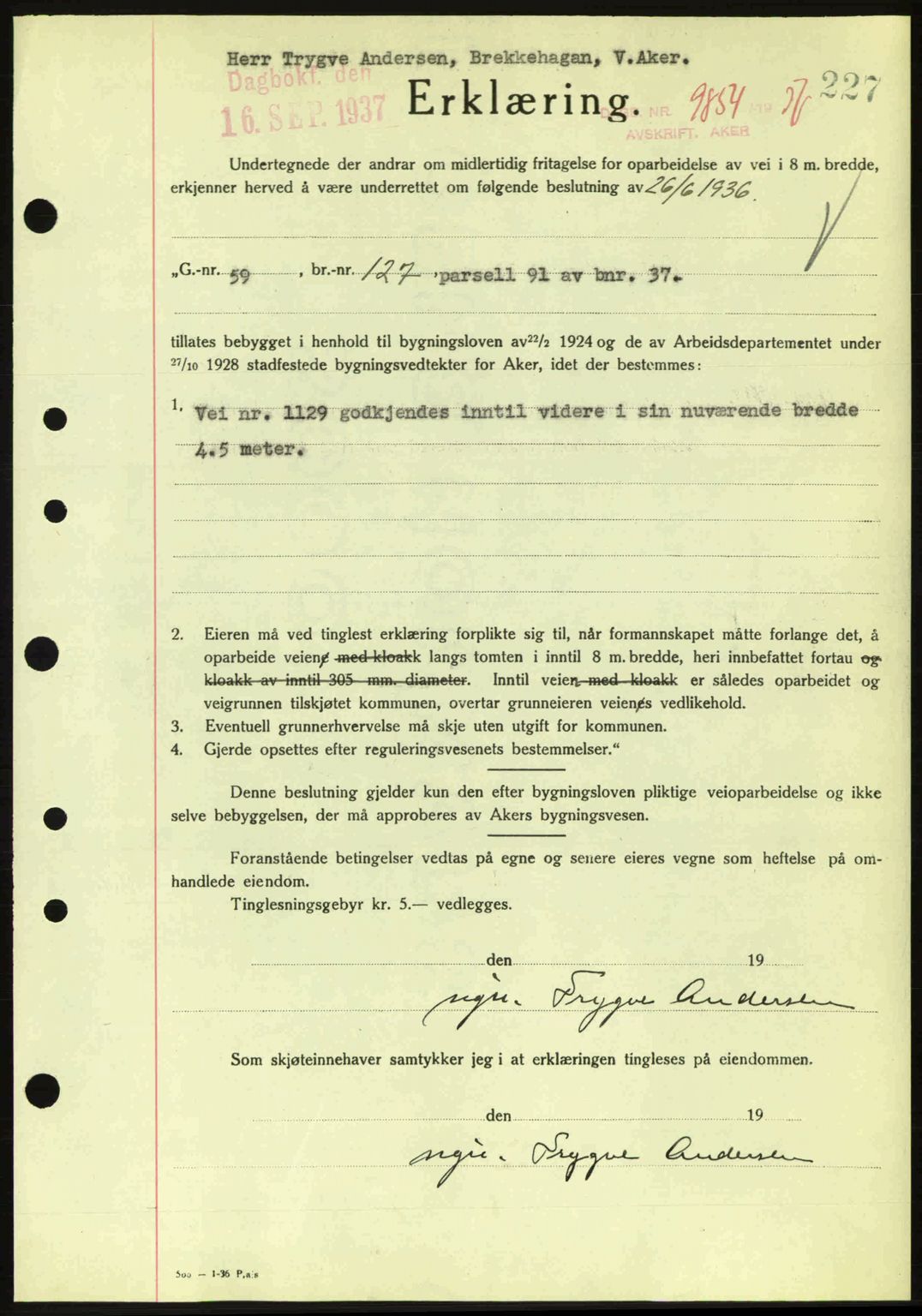 Aker herredsskriveri, SAO/A-10896/G/Gb/Gba/Gbab/L0017: Pantebok nr. A148, 1937-1937, Dagboknr: 9854/1937