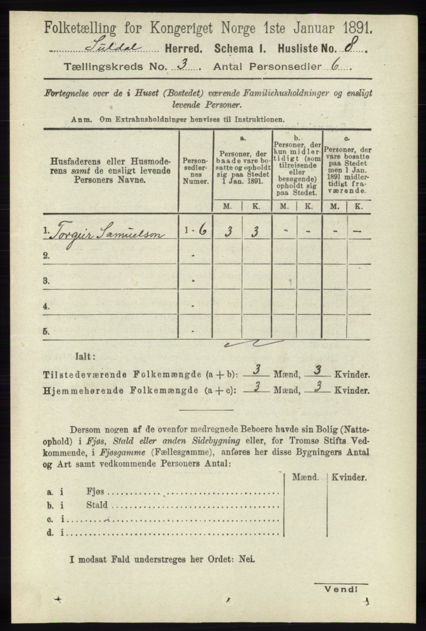 RA, Folketelling 1891 for 1134 Suldal herred, 1891, s. 591