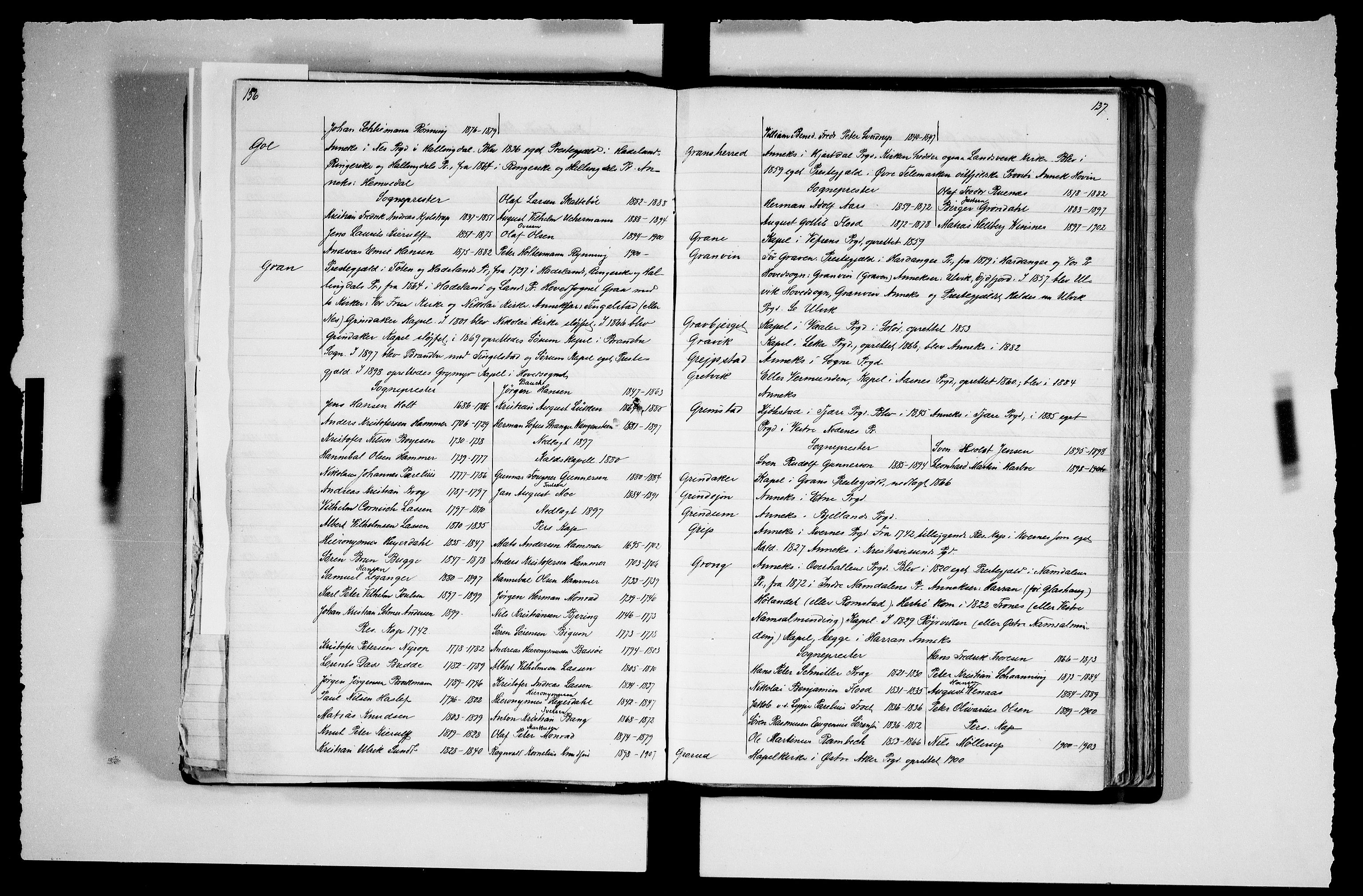 Manuskriptsamlingen, RA/EA-3667/F/L0111a: Schiørn, Fredrik; Den norske kirkes embeter og prester 1700-1900, Embeter, 1700-1900, s. 136-137