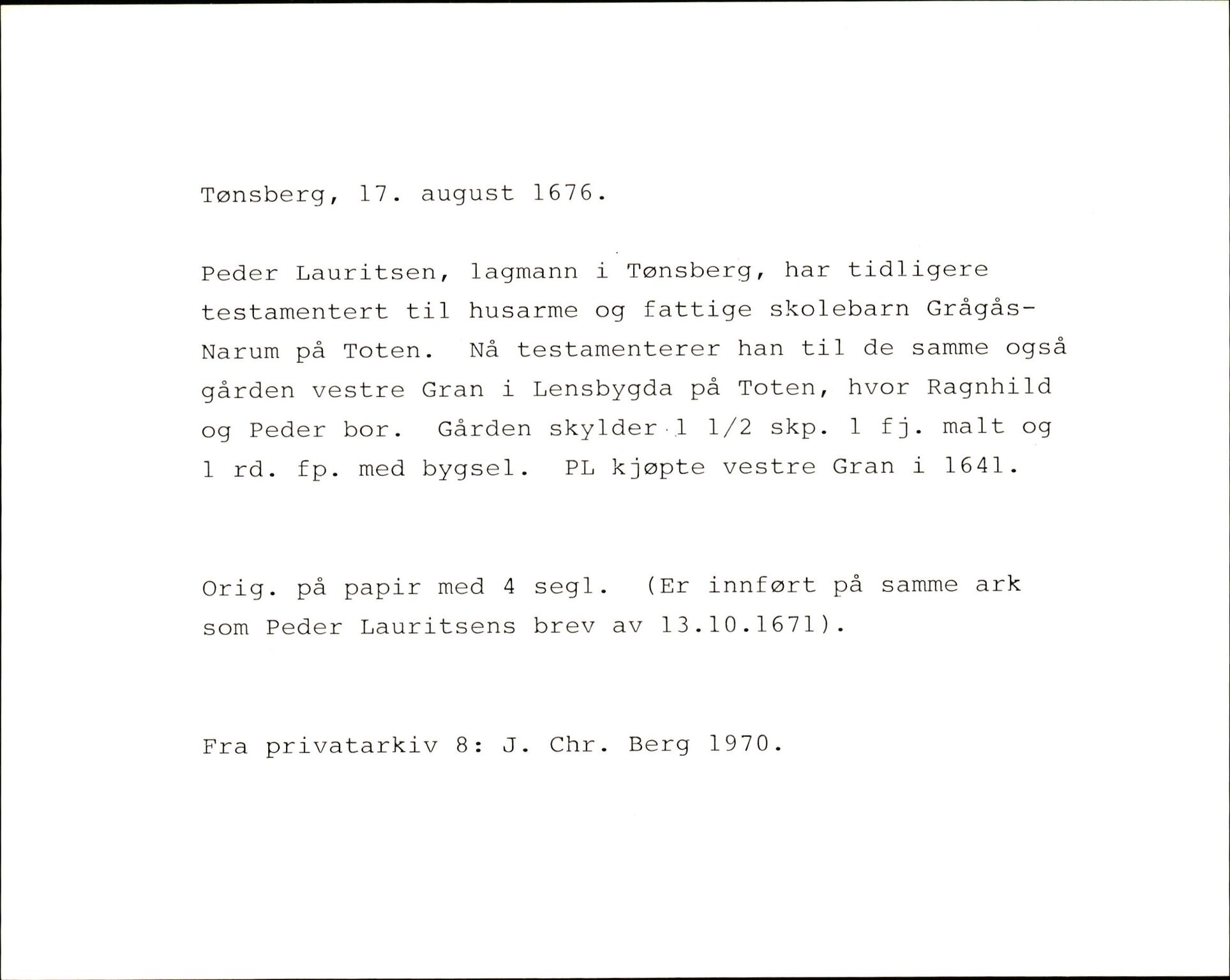 Riksarkivets diplomsamling, AV/RA-EA-5965/F35/F35k/L0002: Regestsedler: Prestearkiver fra Hedmark, Oppland, Buskerud og Vestfold, s. 647