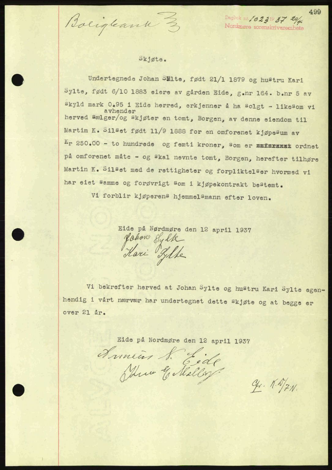 Nordmøre sorenskriveri, SAT/A-4132/1/2/2Ca: Pantebok nr. A81, 1937-1937, Dagboknr: 1023/1937