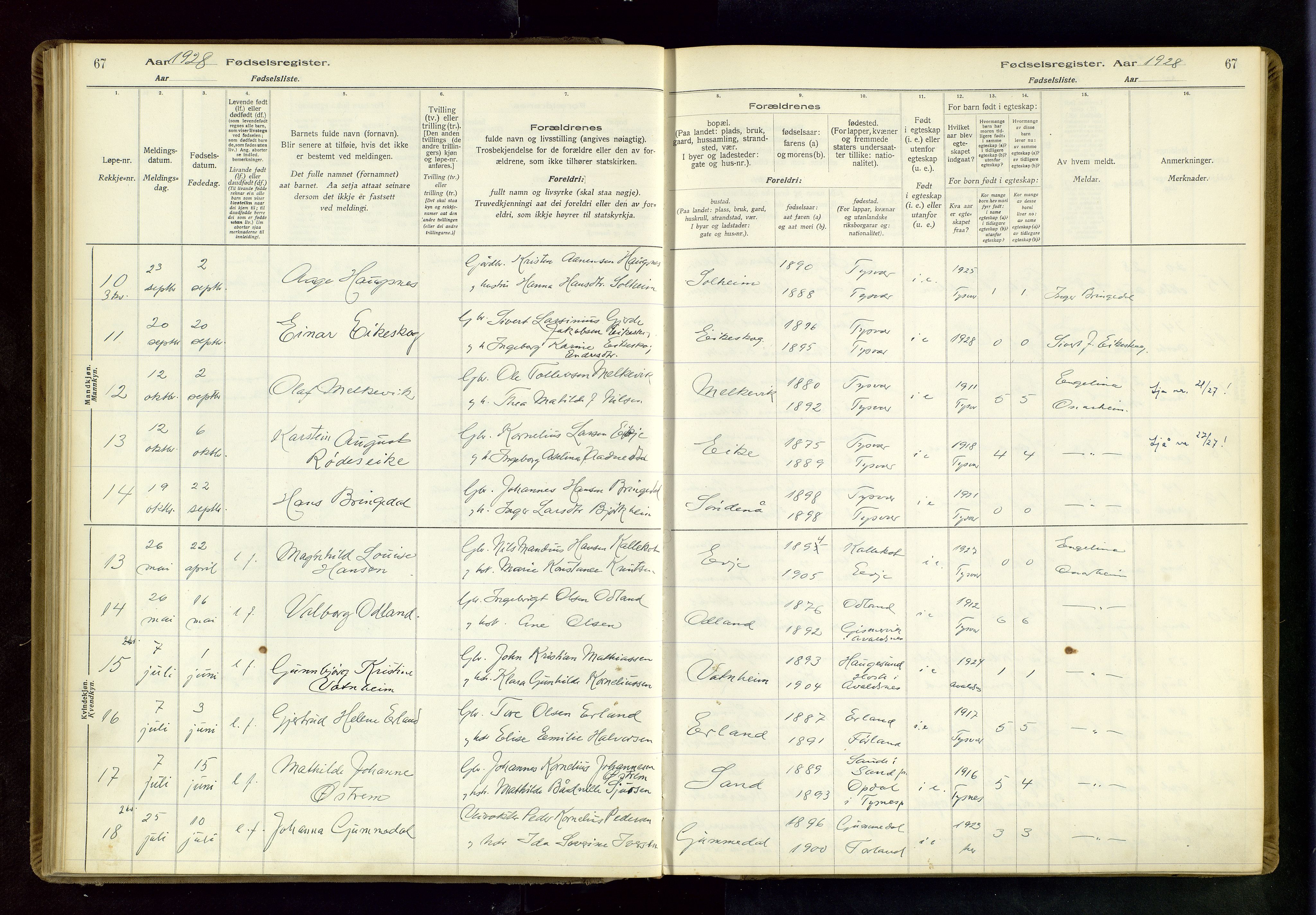Tysvær sokneprestkontor, AV/SAST-A -101864/I/Id/L0001: Fødselsregister nr. 1, 1916-1954, s. 67