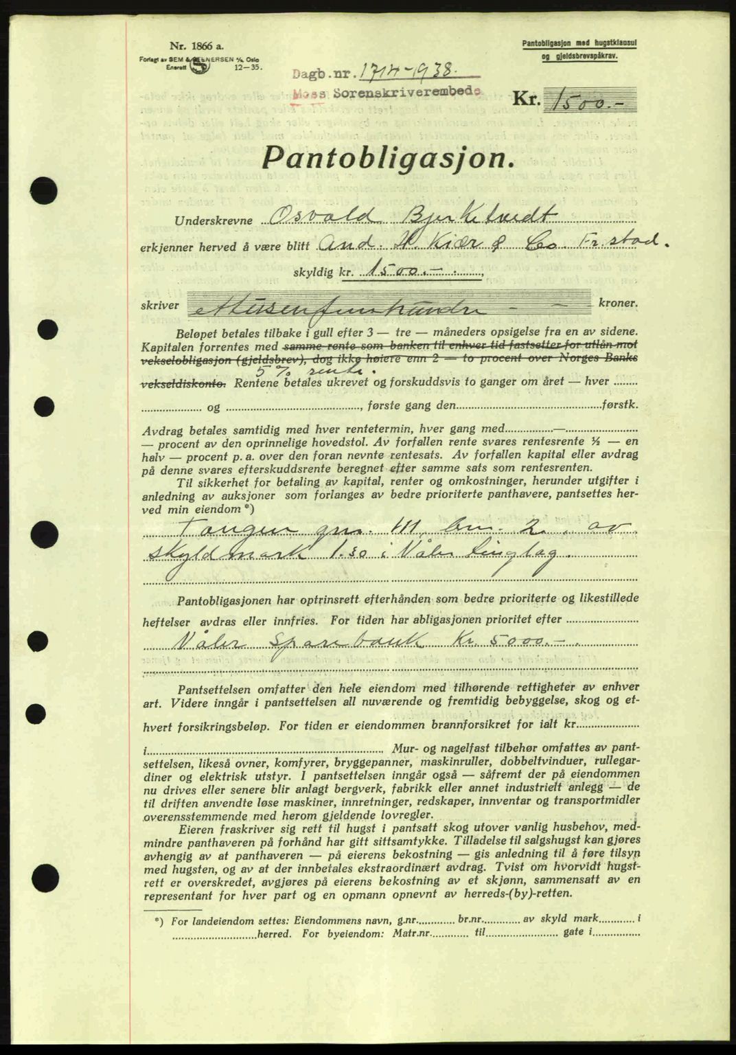 Moss sorenskriveri, SAO/A-10168: Pantebok nr. B6, 1938-1938, Dagboknr: 1714/1938