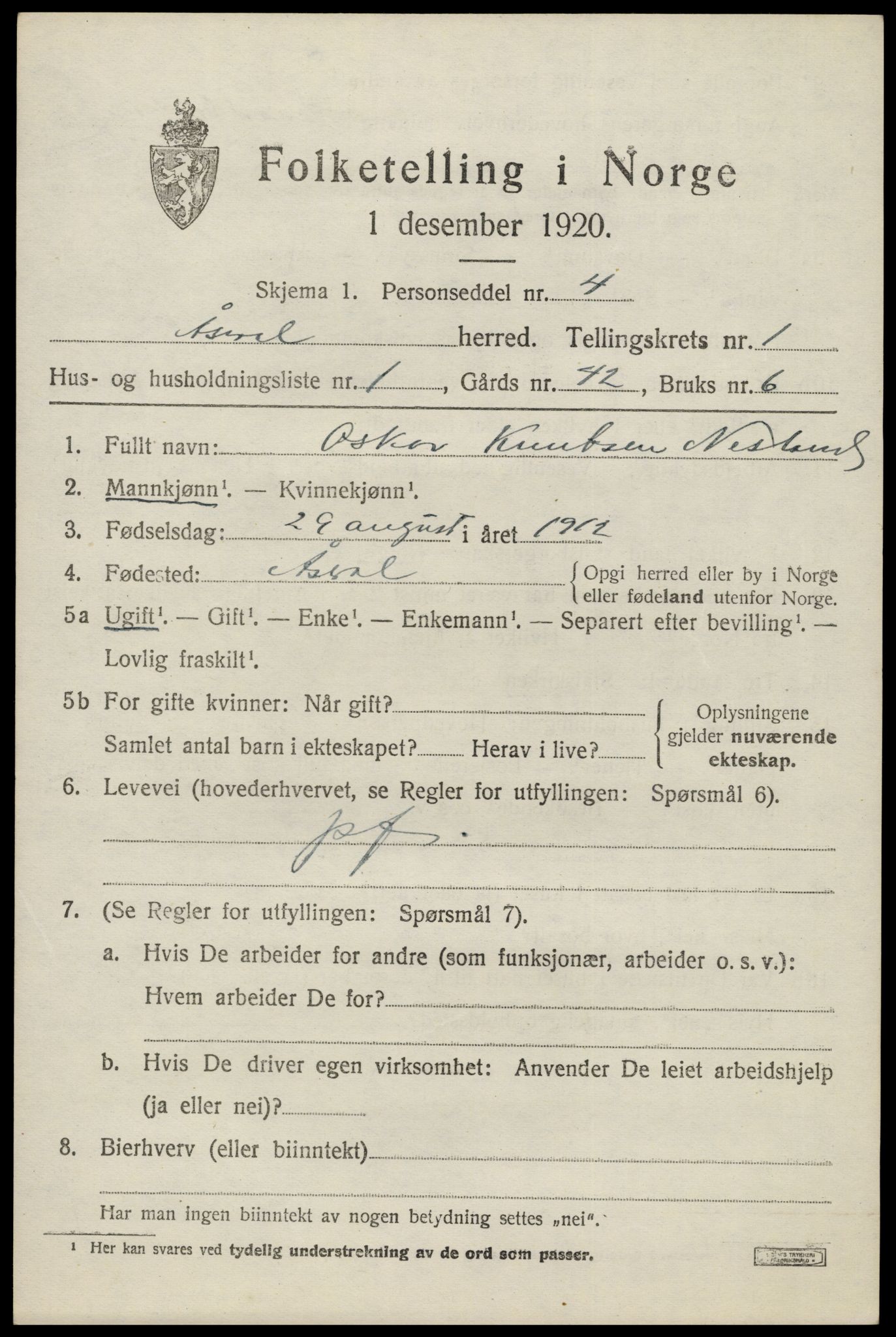 SAK, Folketelling 1920 for 1026 Åseral herred, 1920, s. 522