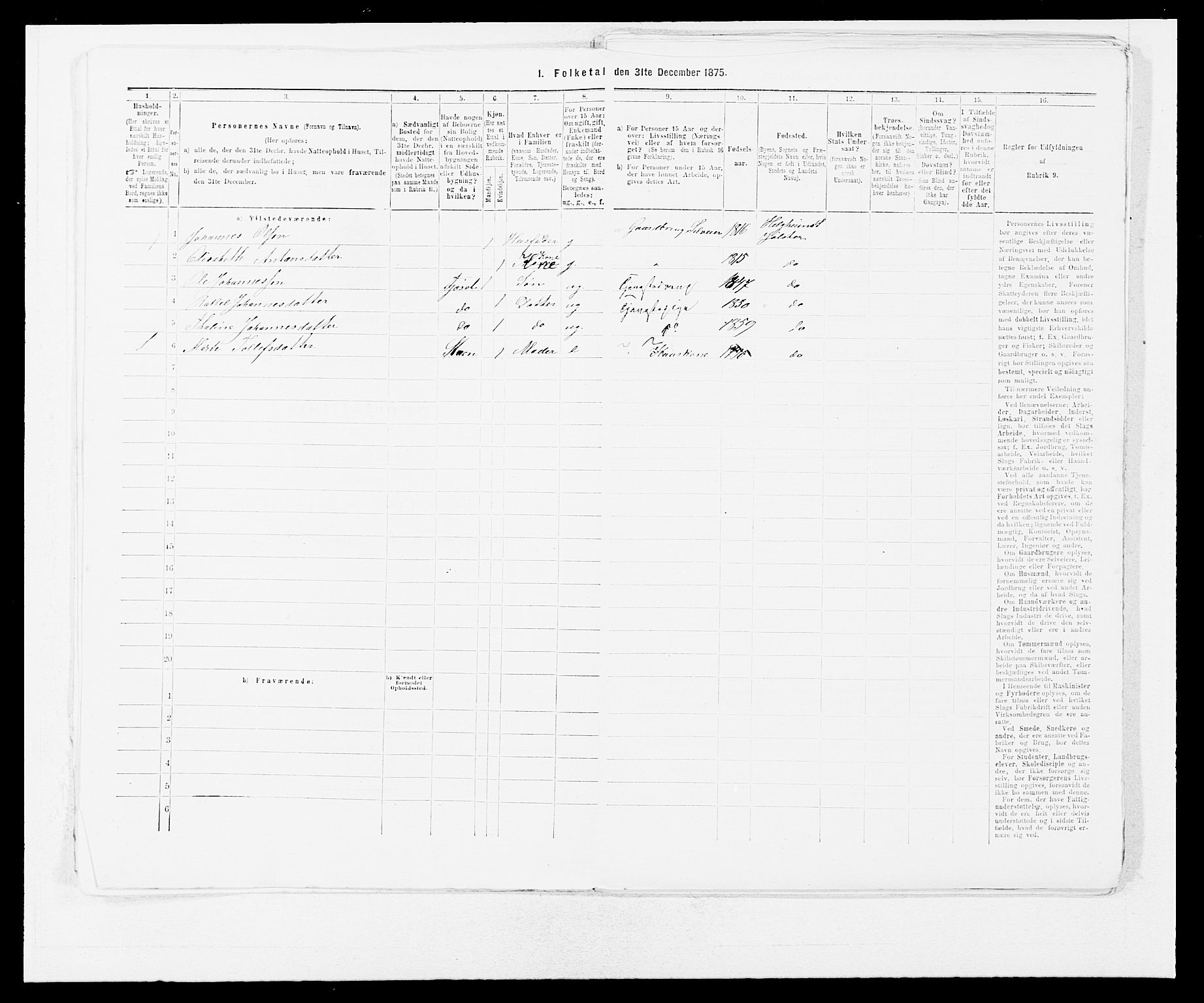 SAB, Folketelling 1875 for 1431P Jølster prestegjeld, 1875, s. 291