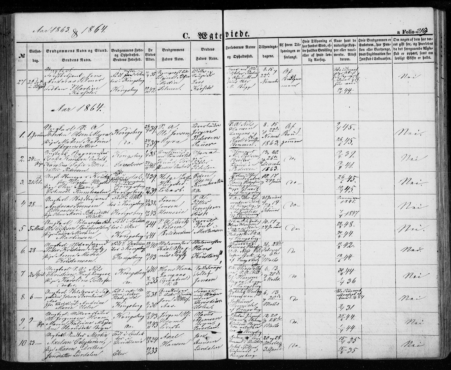Kongsberg kirkebøker, AV/SAKO-A-22/G/Ga/L0003: Klokkerbok nr. 3, 1859-1875, s. 219