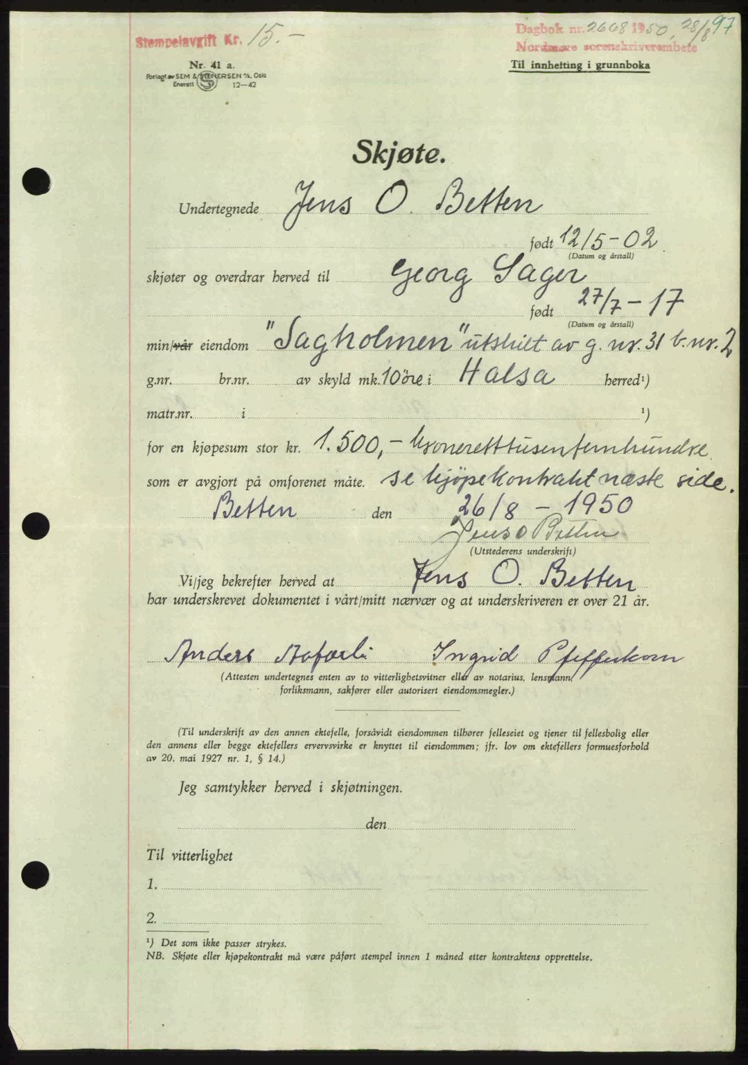 Nordmøre sorenskriveri, AV/SAT-A-4132/1/2/2Ca: Pantebok nr. A116, 1950-1950, Dagboknr: 2668/1950