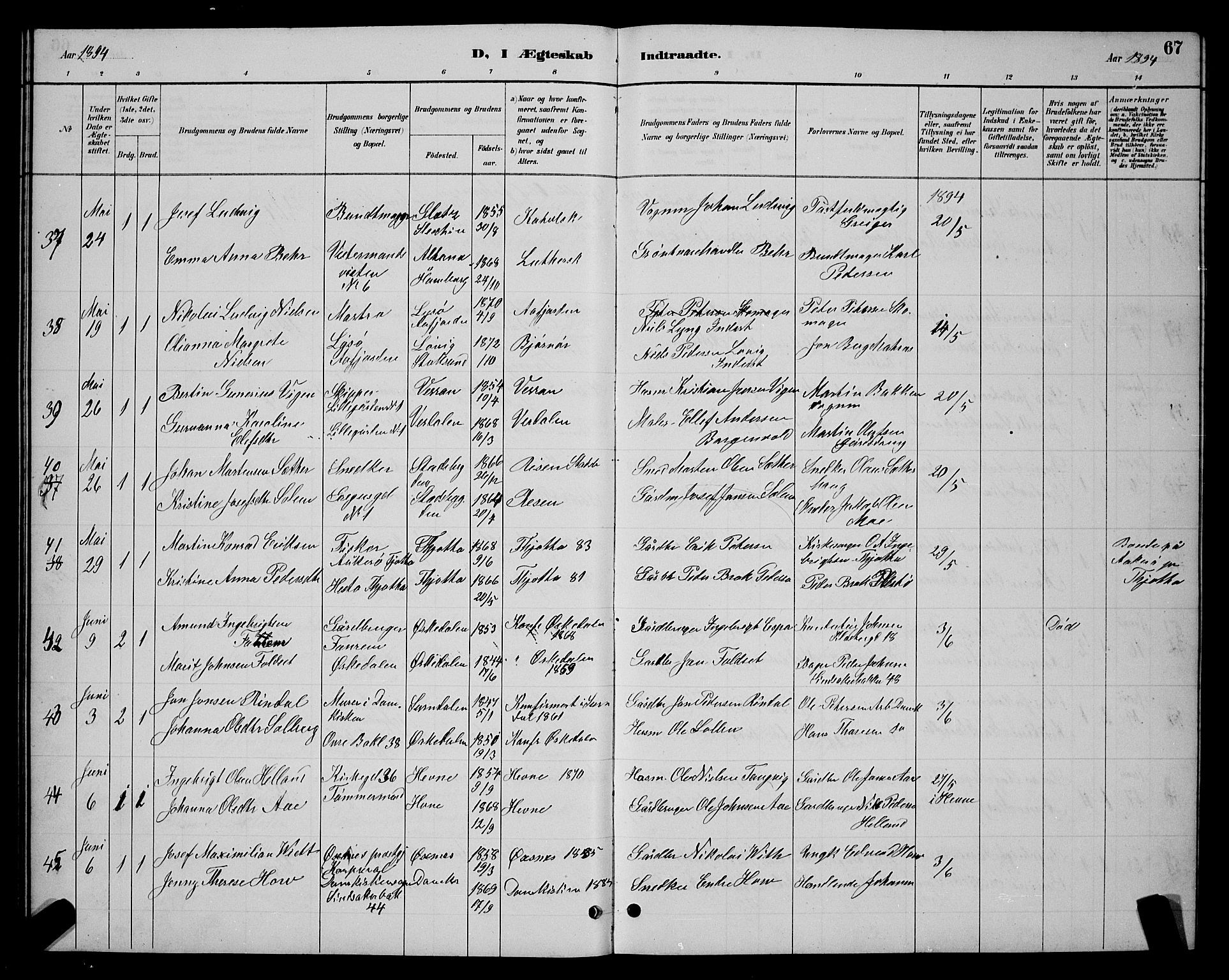 Ministerialprotokoller, klokkerbøker og fødselsregistre - Sør-Trøndelag, SAT/A-1456/604/L0223: Klokkerbok nr. 604C06, 1886-1897, s. 67