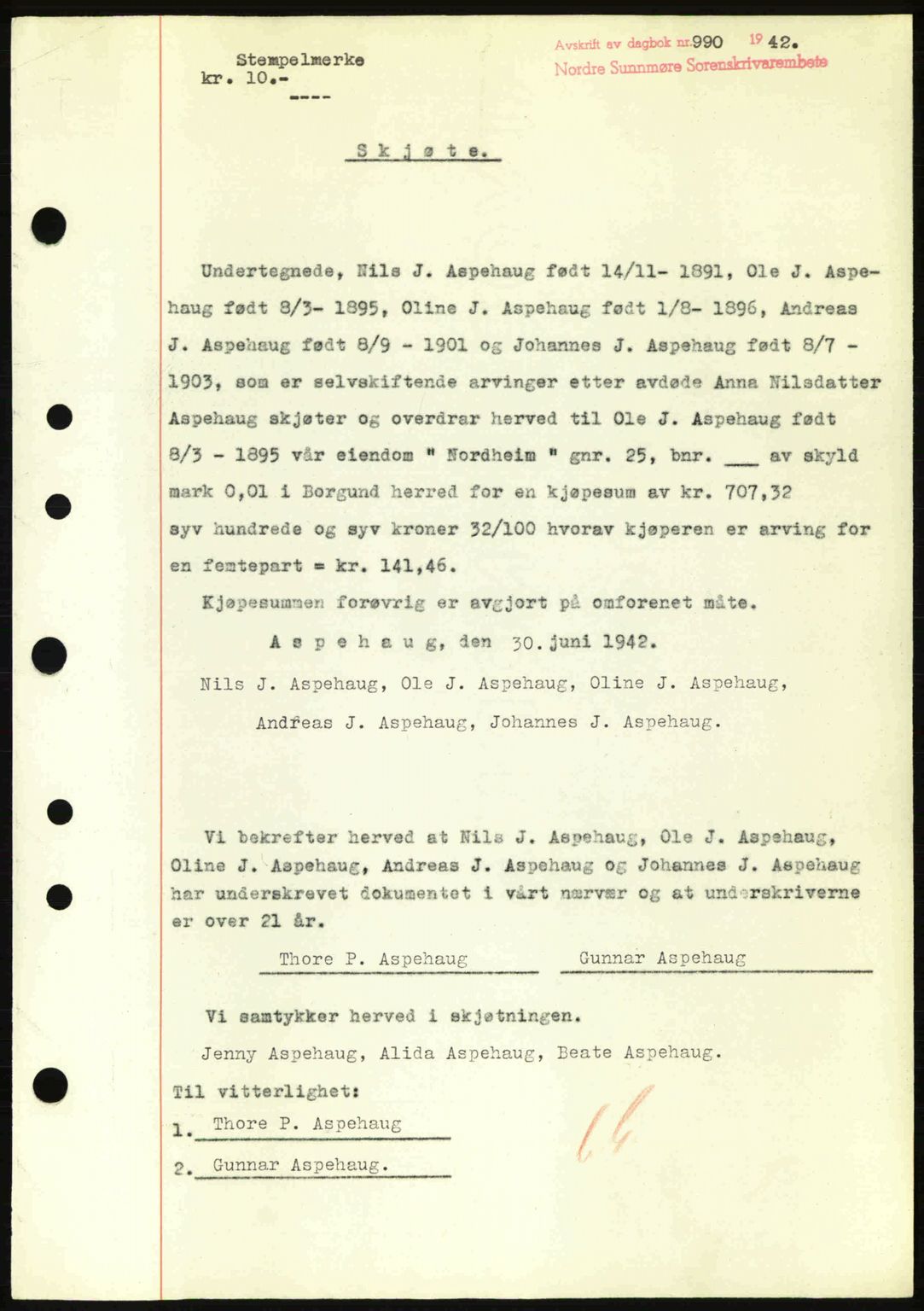 Nordre Sunnmøre sorenskriveri, SAT/A-0006/1/2/2C/2Ca: Pantebok nr. A13, 1942-1942, Dagboknr: 990/1942