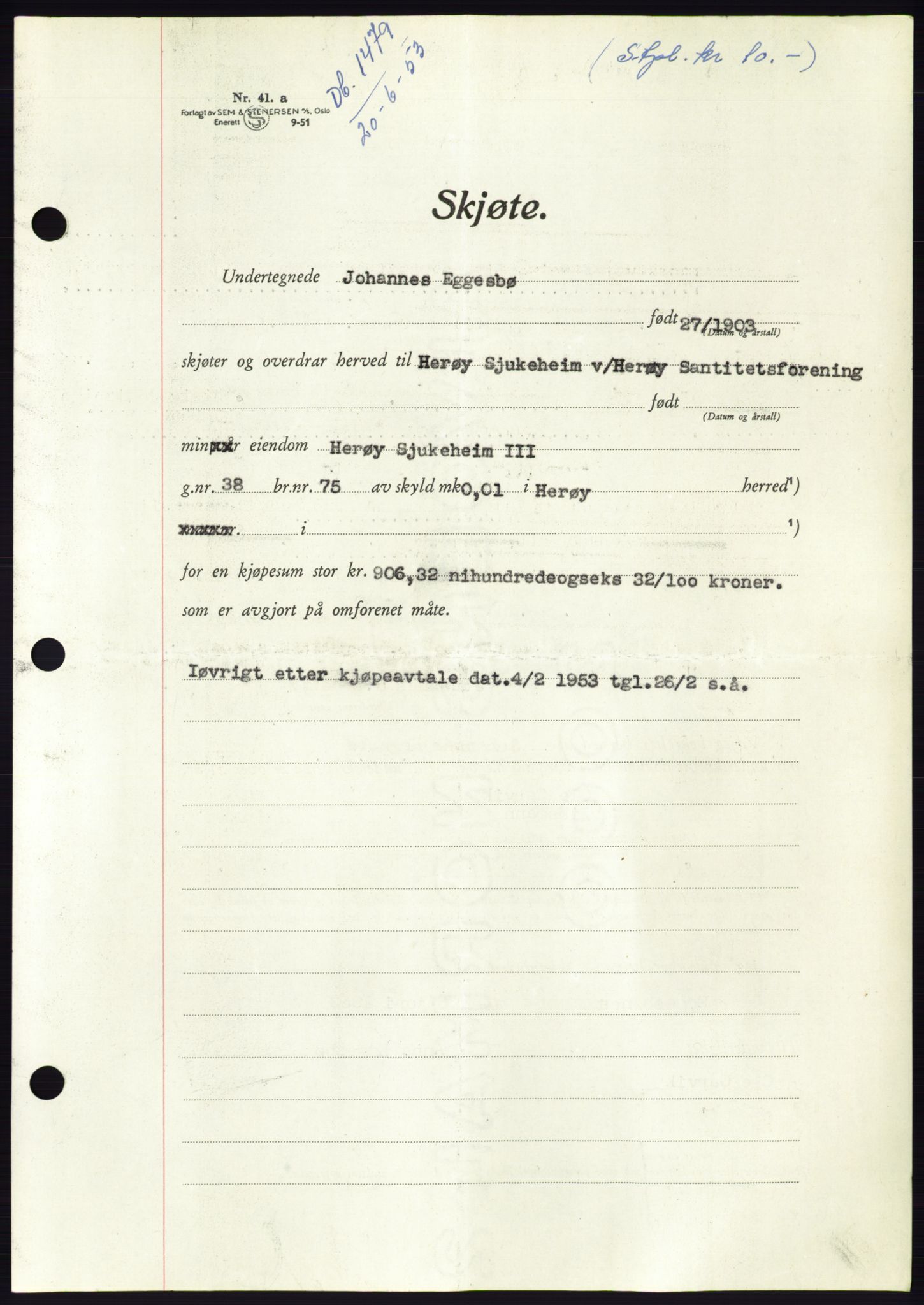 Søre Sunnmøre sorenskriveri, AV/SAT-A-4122/1/2/2C/L0095: Pantebok nr. 21A, 1953-1953, Dagboknr: 1479/1953