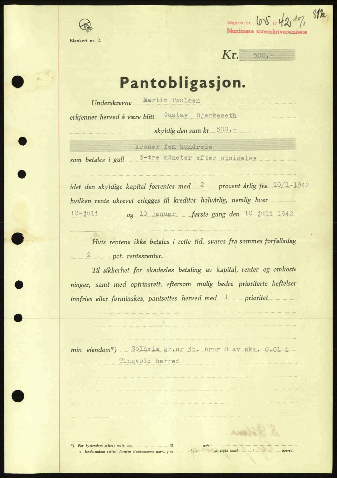 Nordmøre sorenskriveri, SAT/A-4132/1/2/2Ca: Pantebok nr. B88, 1941-1942, Dagboknr: 65/1942
